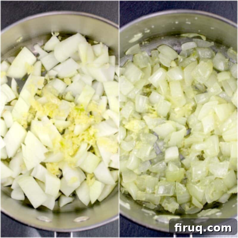 Sunrise Ranchero Kick 4 collage of 2 photos: left, raw onion and garlic in saucepan; right, cooked onion and garlic in saucepan