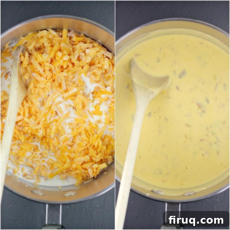 Smoked Cheddar Chile Queso Mexican Poutine 5 collage of 2 photos: left, smoked cheddar cheese and half and half in a sauce pan with wooden spoon; right, melted combined queso