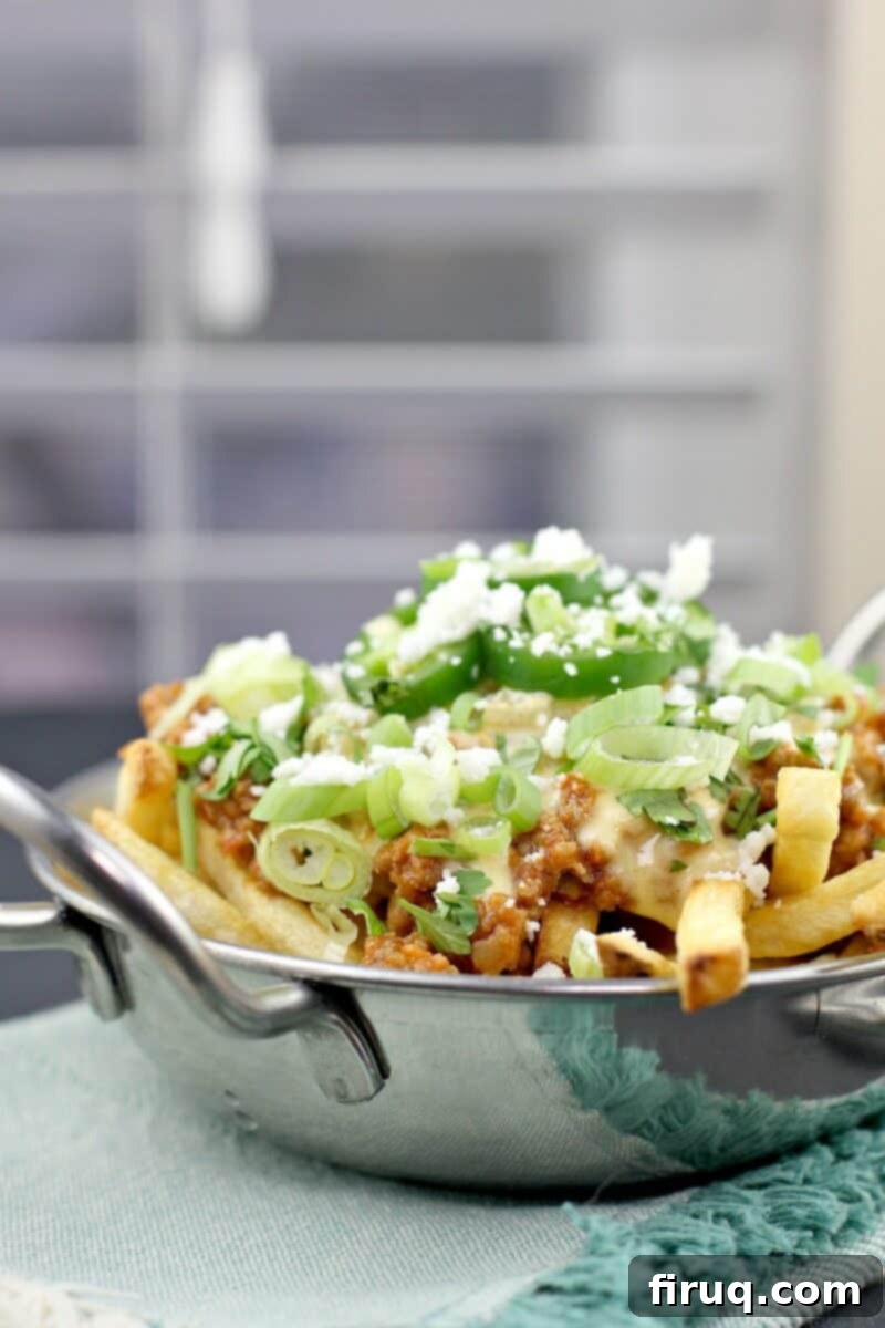 Smoked Cheddar Chile Queso Mexican Poutine 6 poutine in a dish on a blue napkin