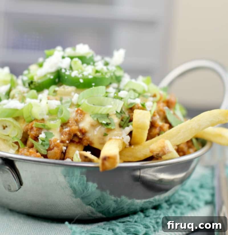 Smoked Cheddar Chile Queso Mexican Poutine 7 close view showing the layers on poutine