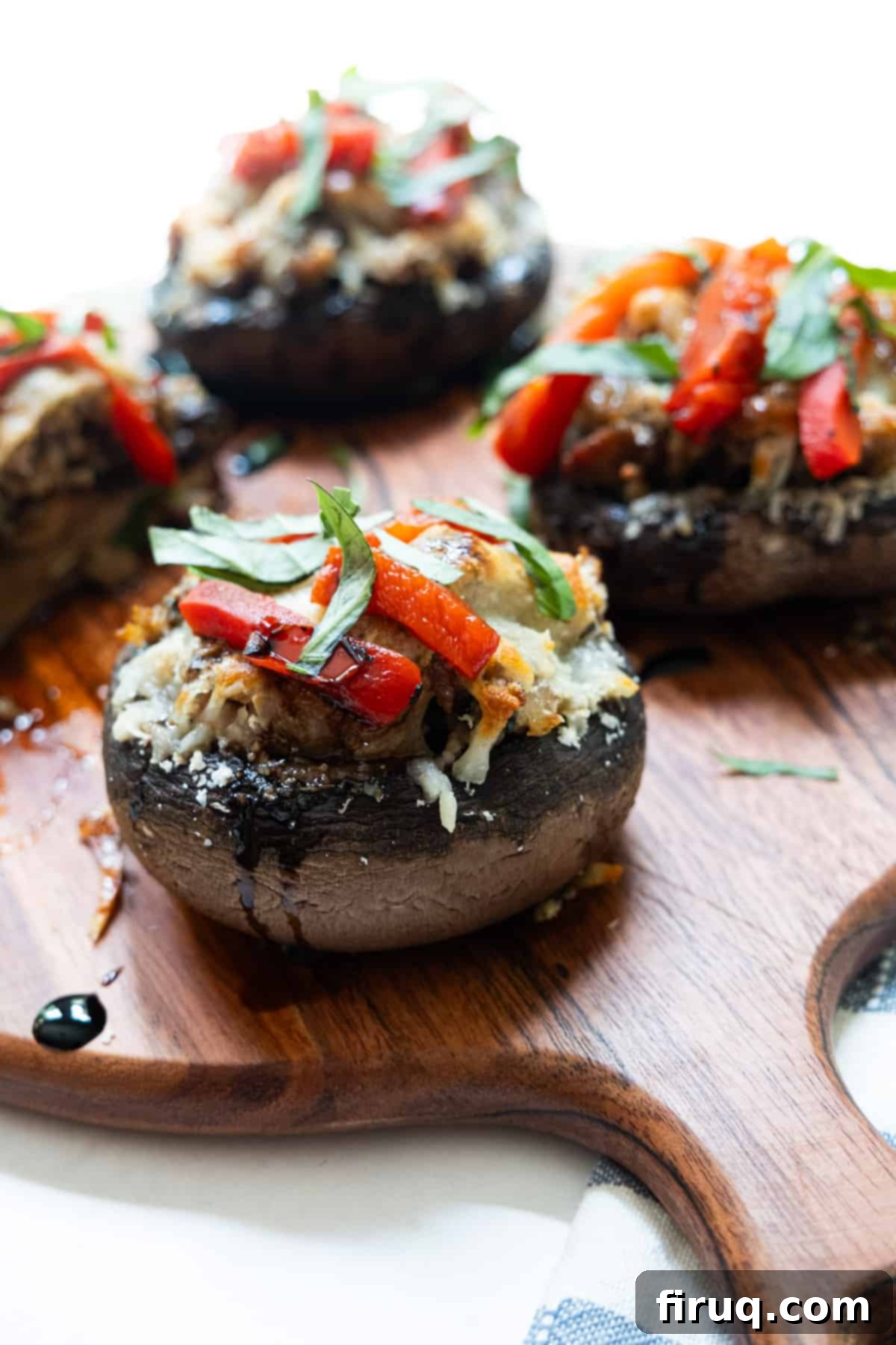 Gourmet Stuffed Italian Portobellos 2 Close up of baked Italian stuffed portobello mushroom stuffed with sausage and topped with cheese, roasted red peppers and basil