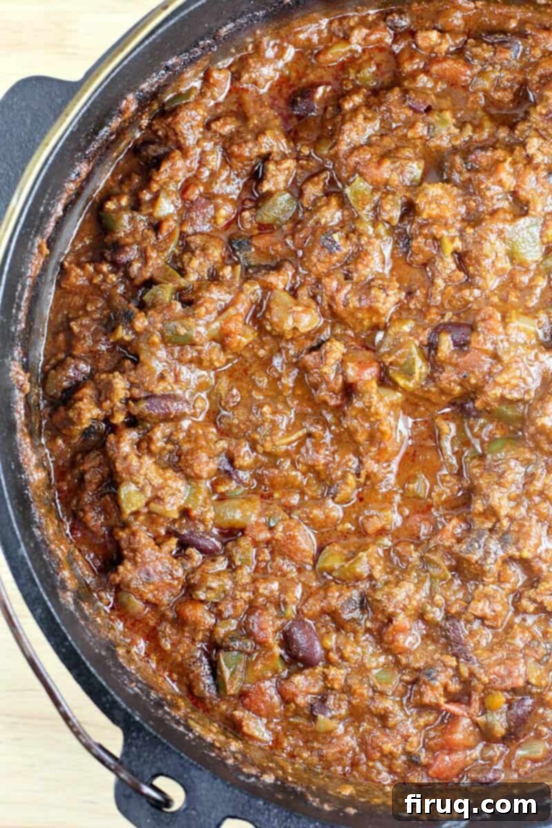 Ultimate Smoked Chili 12 top down view into Dutch oven of smoked chili