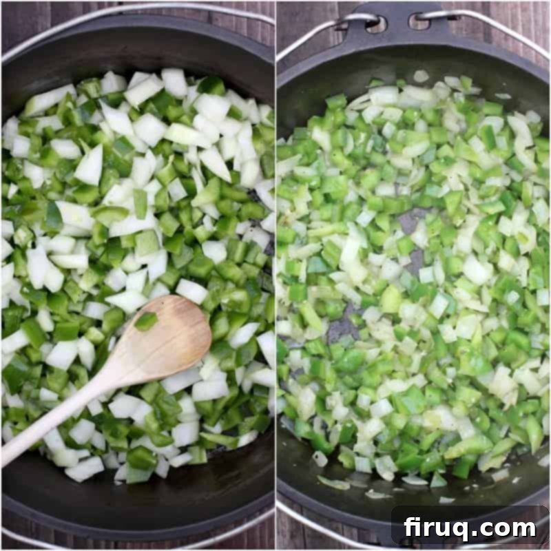 Ultimate Smoked Chili 4 collage of 2 photos: left, uncooked onion and bell pepper in Dutch oven with wooden spoon; right, cooked veggies