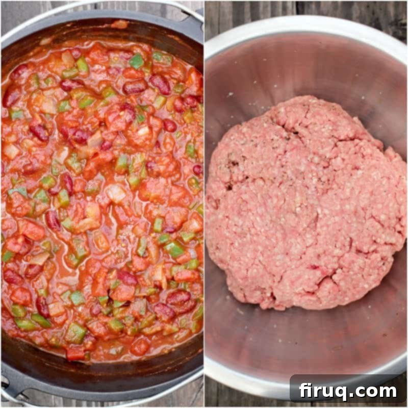 Ultimate Smoked Chili 5 collage of 2 photos: left, assembled chili base in Dutch oven; right, assembled ground beef meatball in metal bowl