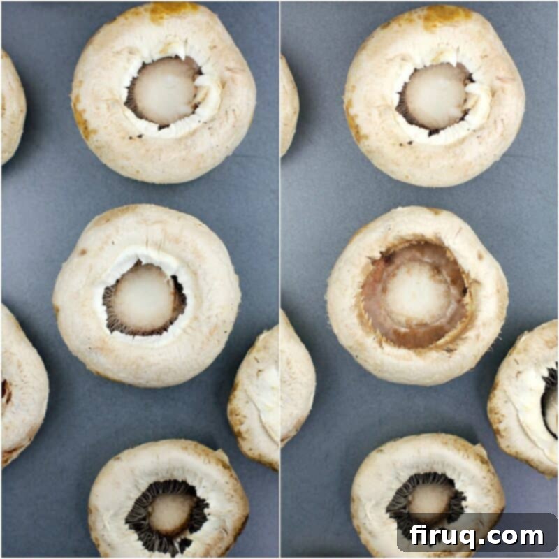 Crab-Filled Mushroom Caps 4 collage of 2 photos: left, mushrooms caps; right, mushroom cap with center cavity cleaned out