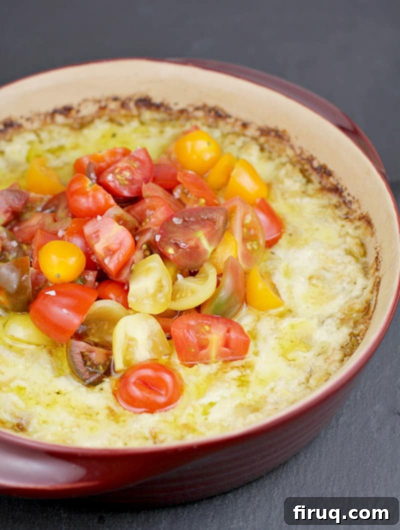 Warm Green Chili Artichoke Dip 12 finished recipe in red bake plate