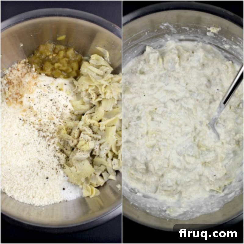Warm Green Chili Artichoke Dip 4 collage of 2 photos: left, ingredients in a metal bowl; right, ingredients mixed together with spoon