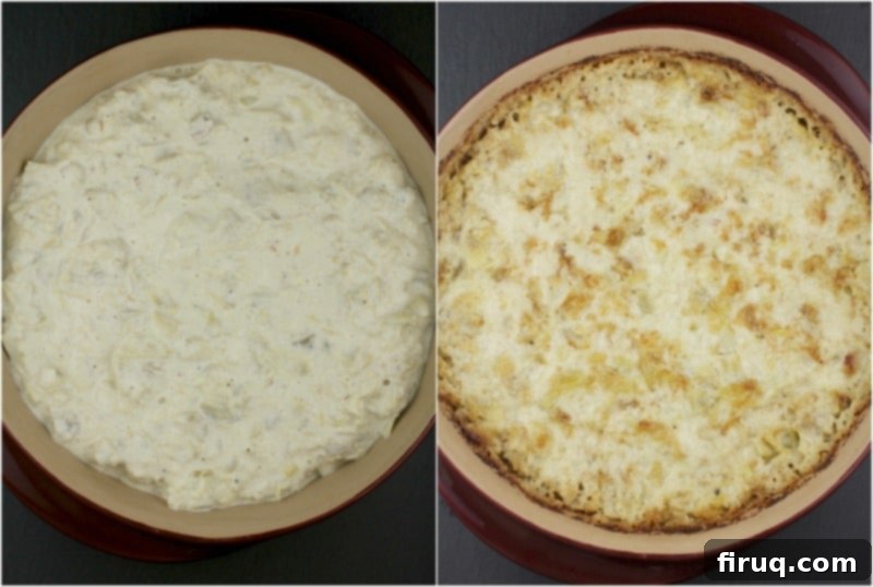 Warm Green Chili Artichoke Dip 5 collage of 2 photos: left, uncooked recipe in bake plate; right, cooked dip golden on top