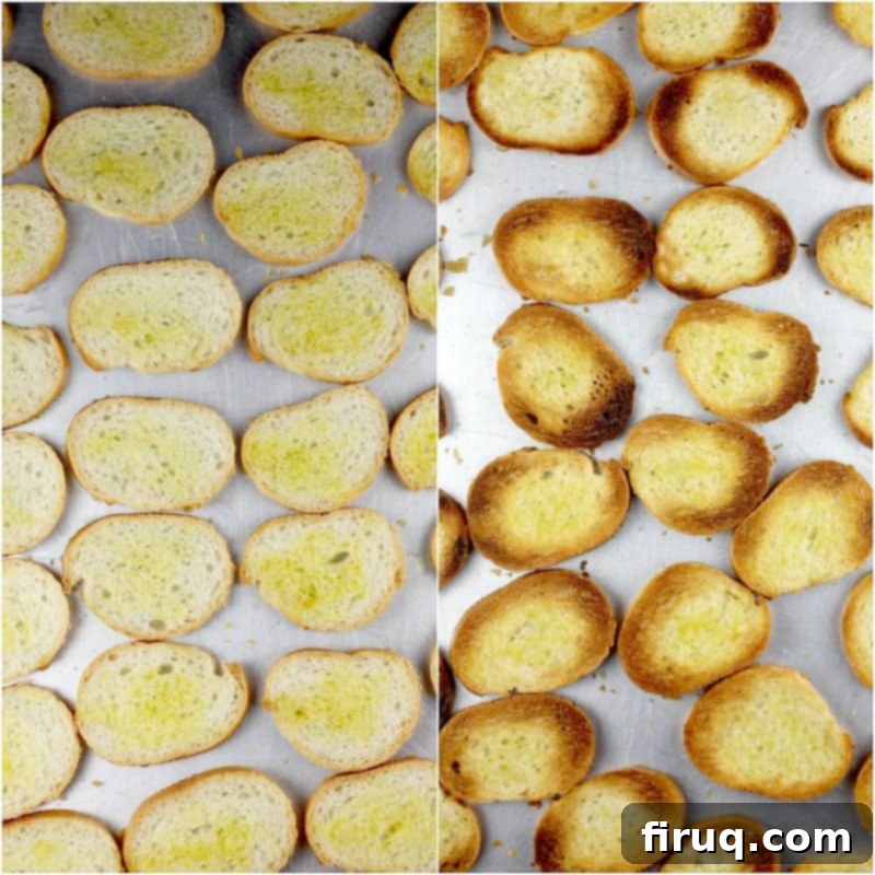 Warm Green Chili Artichoke Dip 6 collage of 2 photos: left, slices of baguette with olive oil; right, toasted crostini