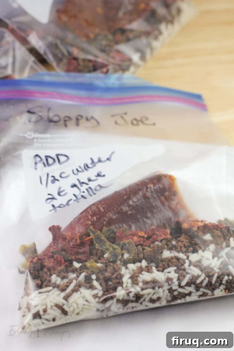 Adventure Sloppy Joes 9 dehydrated recipe ingredients in labeled ziploc bag