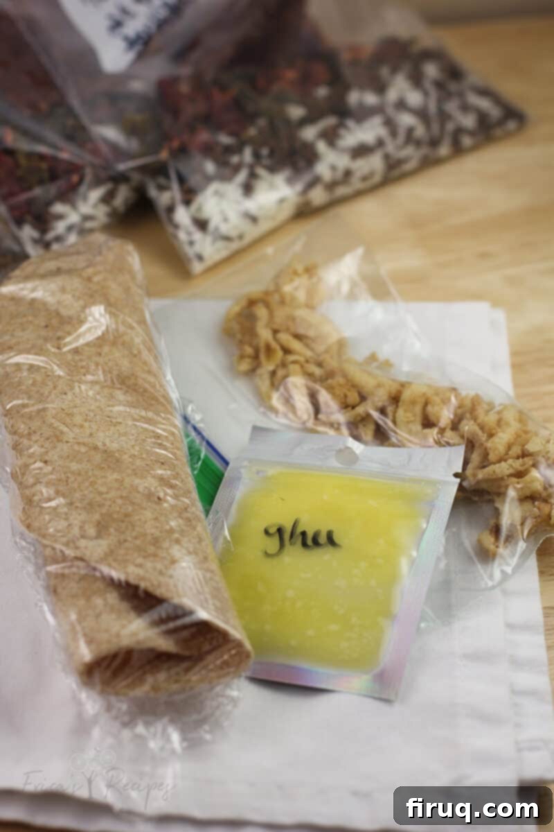 Adventure Sloppy Joes 10 in plastic packaging, a tortilla, ghee, and onions on white napkin