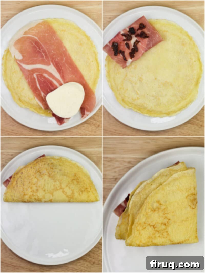 Prosciutto and Cheese Crepes 5 collage of 4 photos showing progression of folding crepe over prosciutto wrapped mozzarella