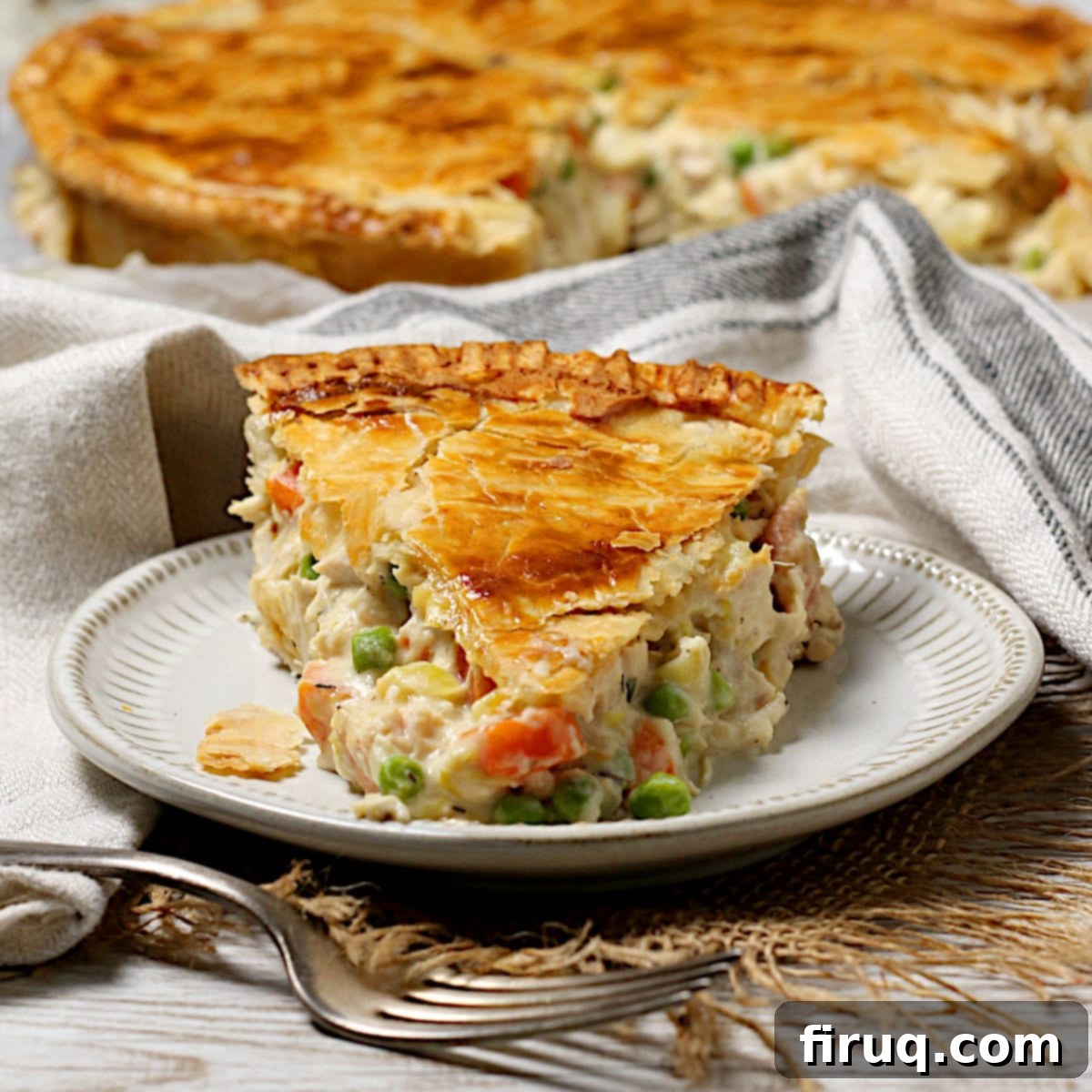 Chicken Pot Pie Close-up A slice of homemade Chicken Pot Pie on a small white plate.