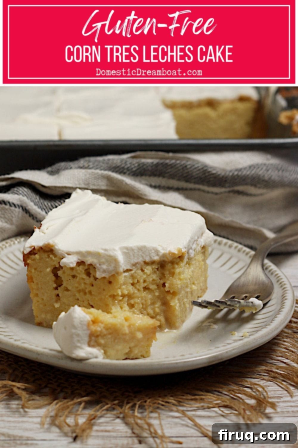 Whole Gluten-Free Corn Tres Leches Cake Full Gluten-Free Corn Tres Leches Cake topped with whipped cream in a baking dish.