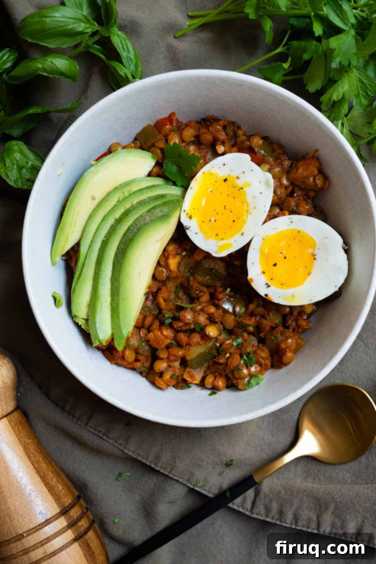 Eggs and Lentils: Your New Power Breakfast 2 soft boiled Eggs and Lentils in tomato sauce for breakfast with sliced avocado