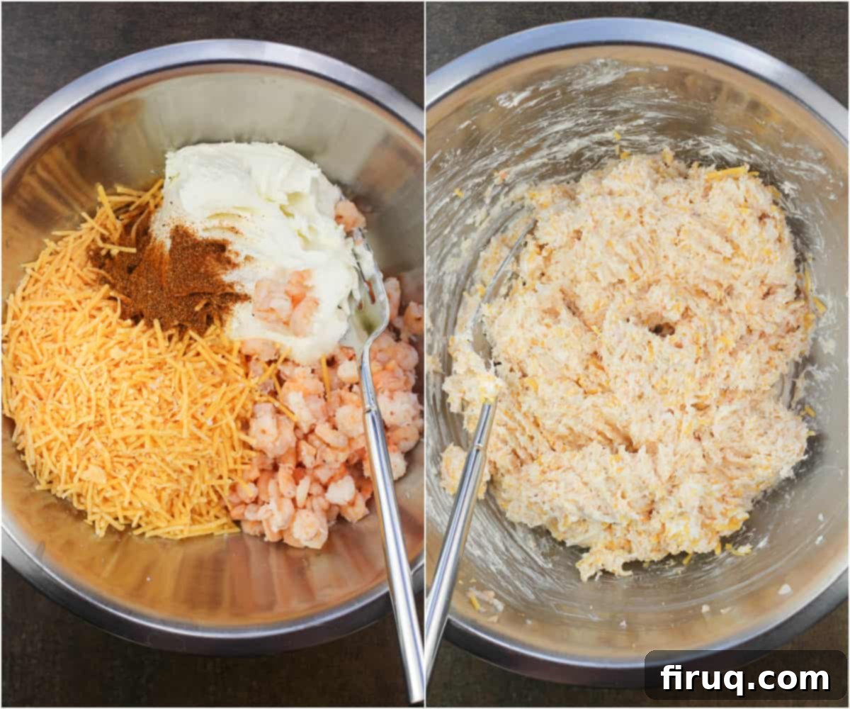 Spicy Shrimp Jalapeño Poppers 4 collage of 2 photos; left, shrimp dip ingredients in metal bowl; right, ingredients combined with fork