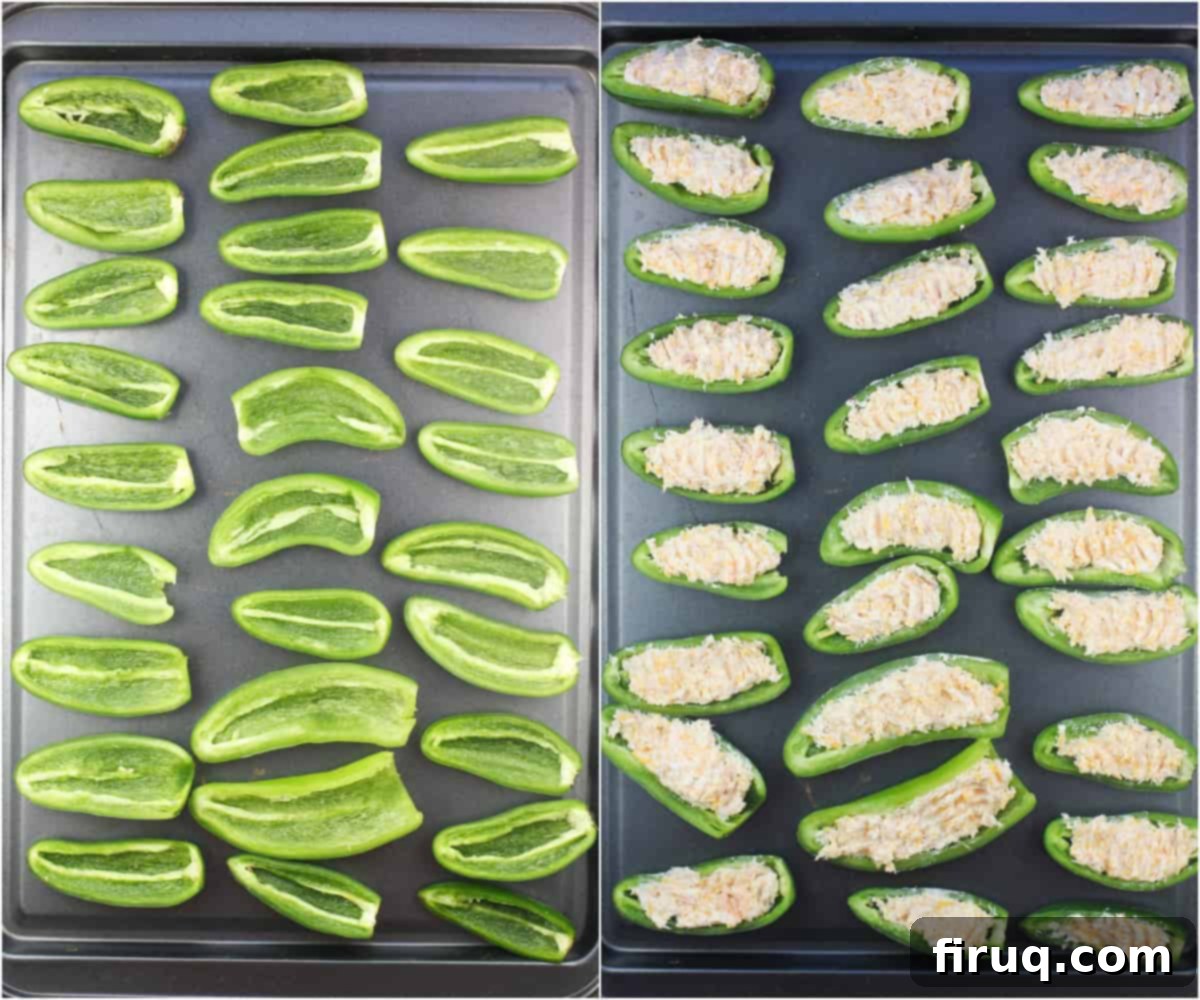 Spicy Shrimp Jalapeño Poppers 5 collage of 2 photos: left, prepared jalapeno shells on bake sheet; right, jalapenos filled with shrimp dip