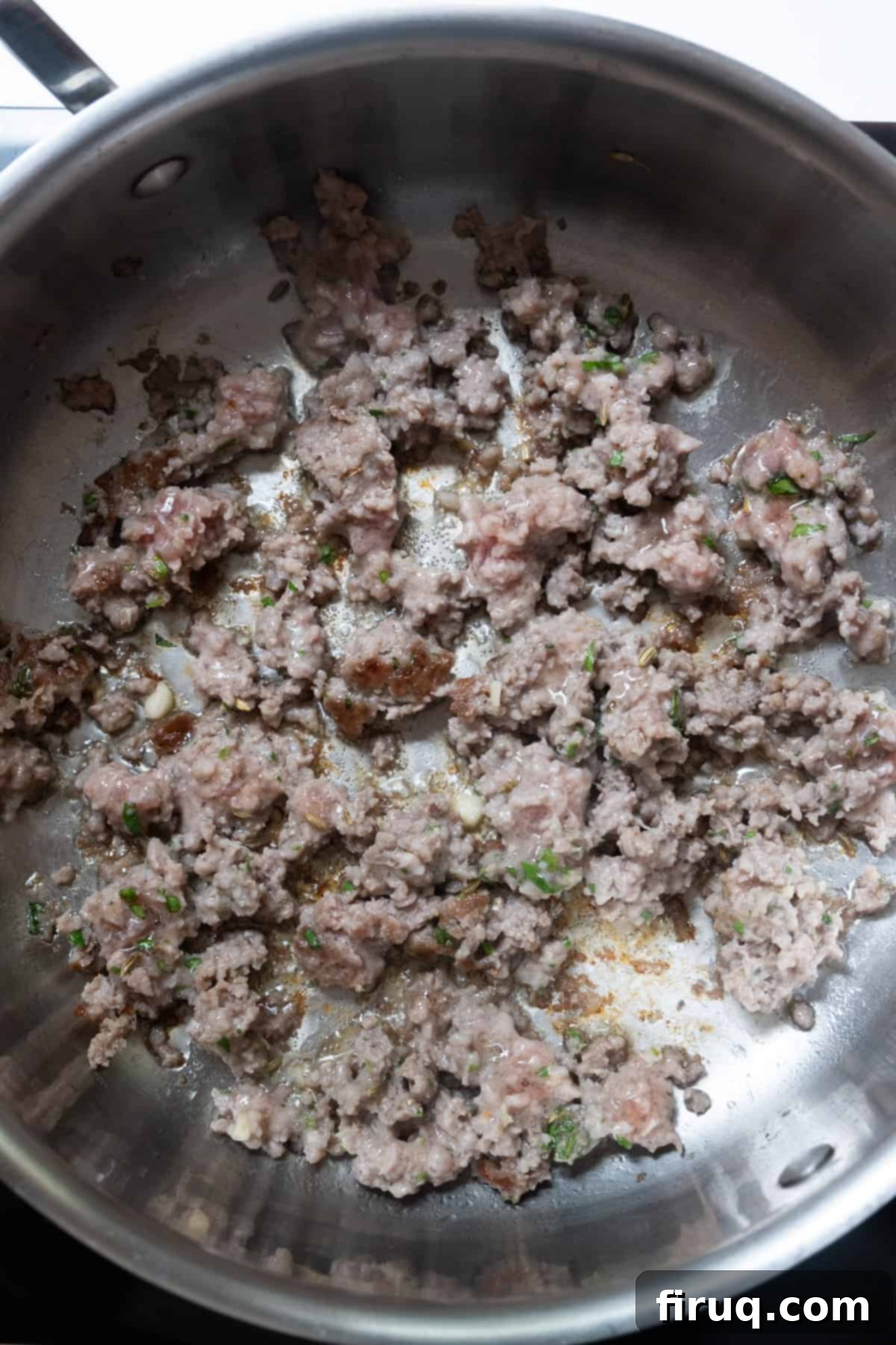 Rosé Sausage Pasta 4 the sausage browning in the pan