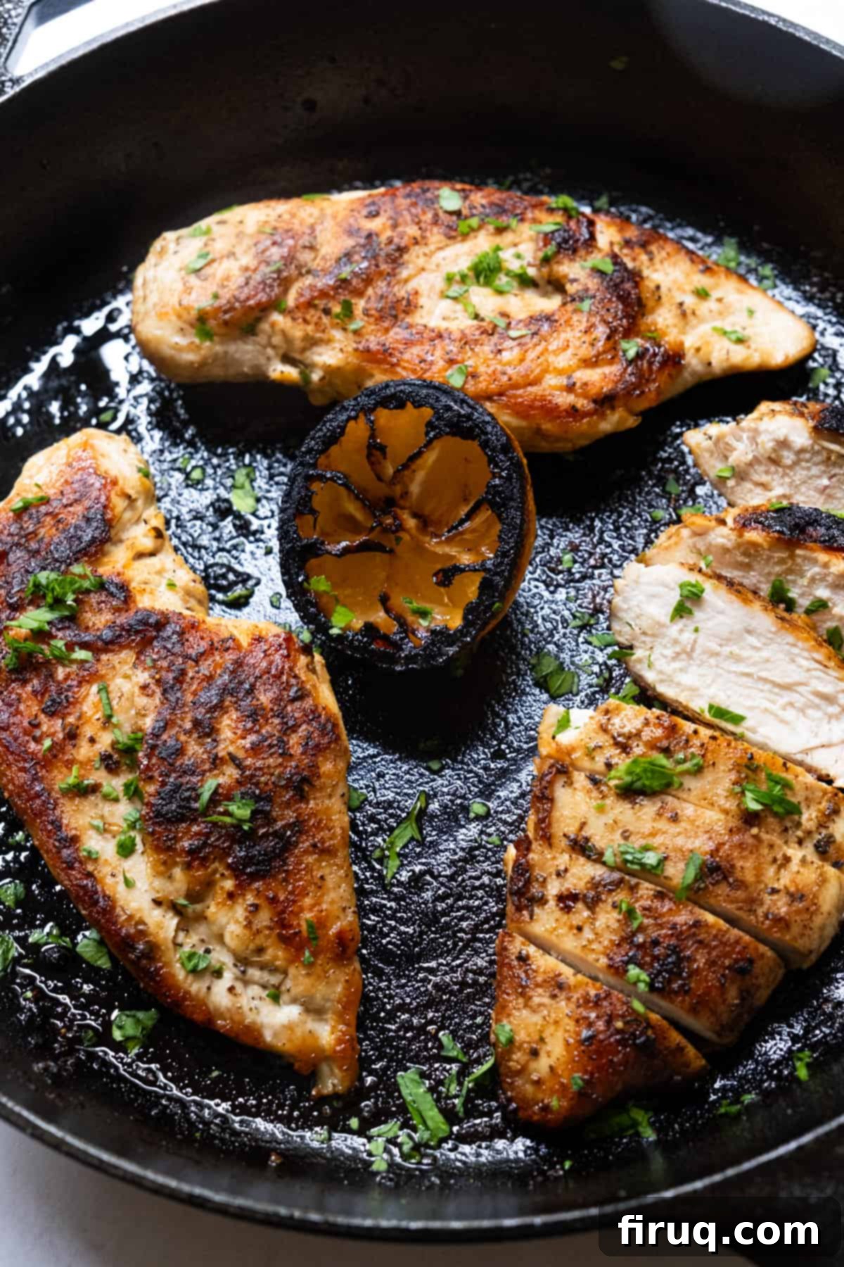 Flawless Cast Iron Chicken Breast 3 Two seasoned chicken breasts sizzling in a hot cast iron skillet