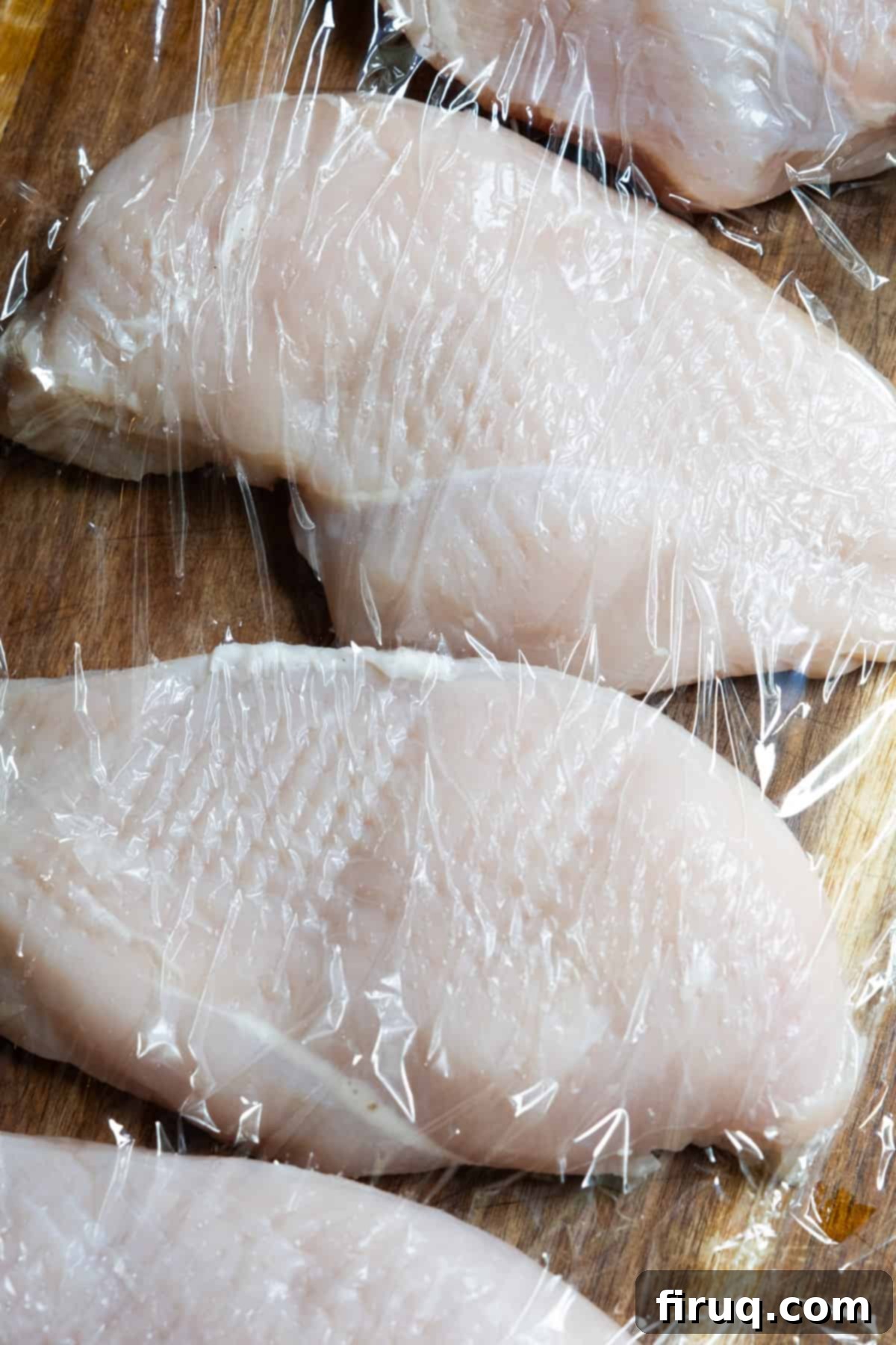 Flawless Cast Iron Chicken Breast 4 Pounding raw chicken breast between plastic wrap to an even thickness