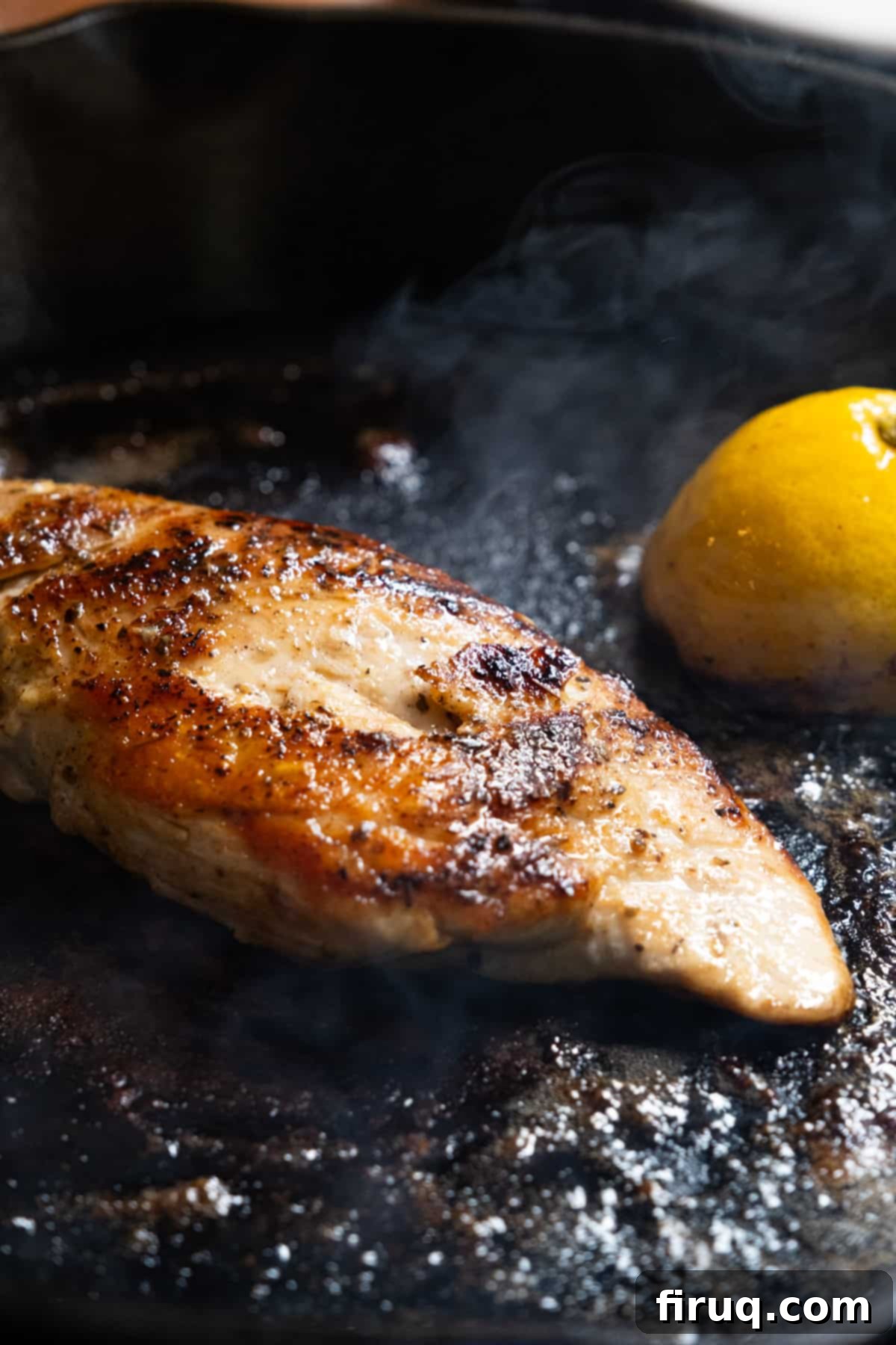 Flawless Cast Iron Chicken Breast 7 Basting juicy chicken breast with melted butter and lemon in a cast iron skillet