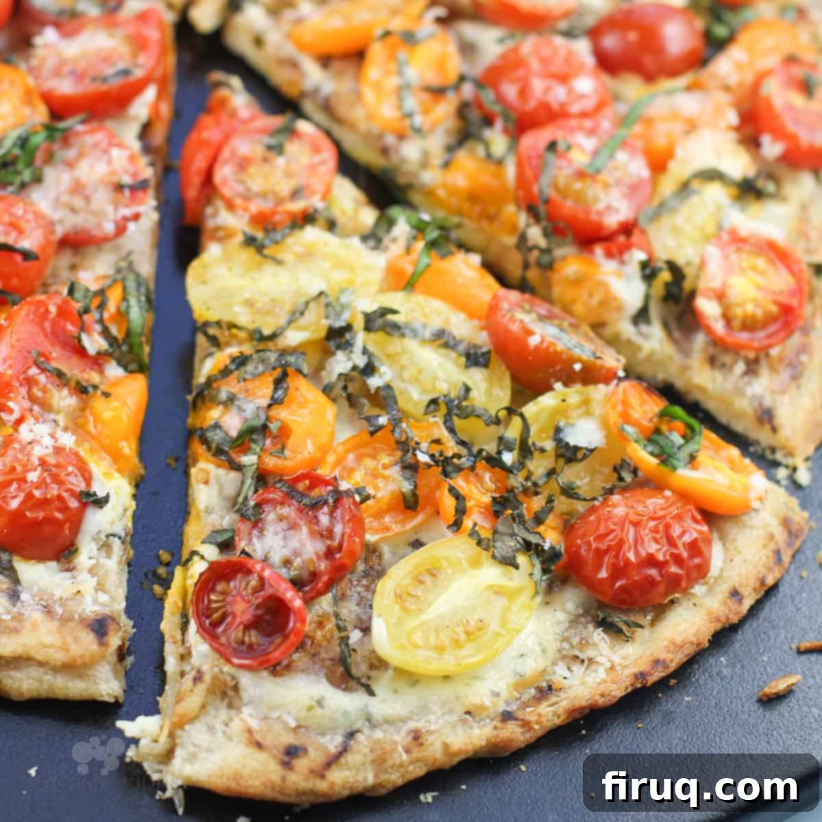 Boursin Bliss: Tomato Basil Pizza 2 slice of tomato basil and boursin pizza