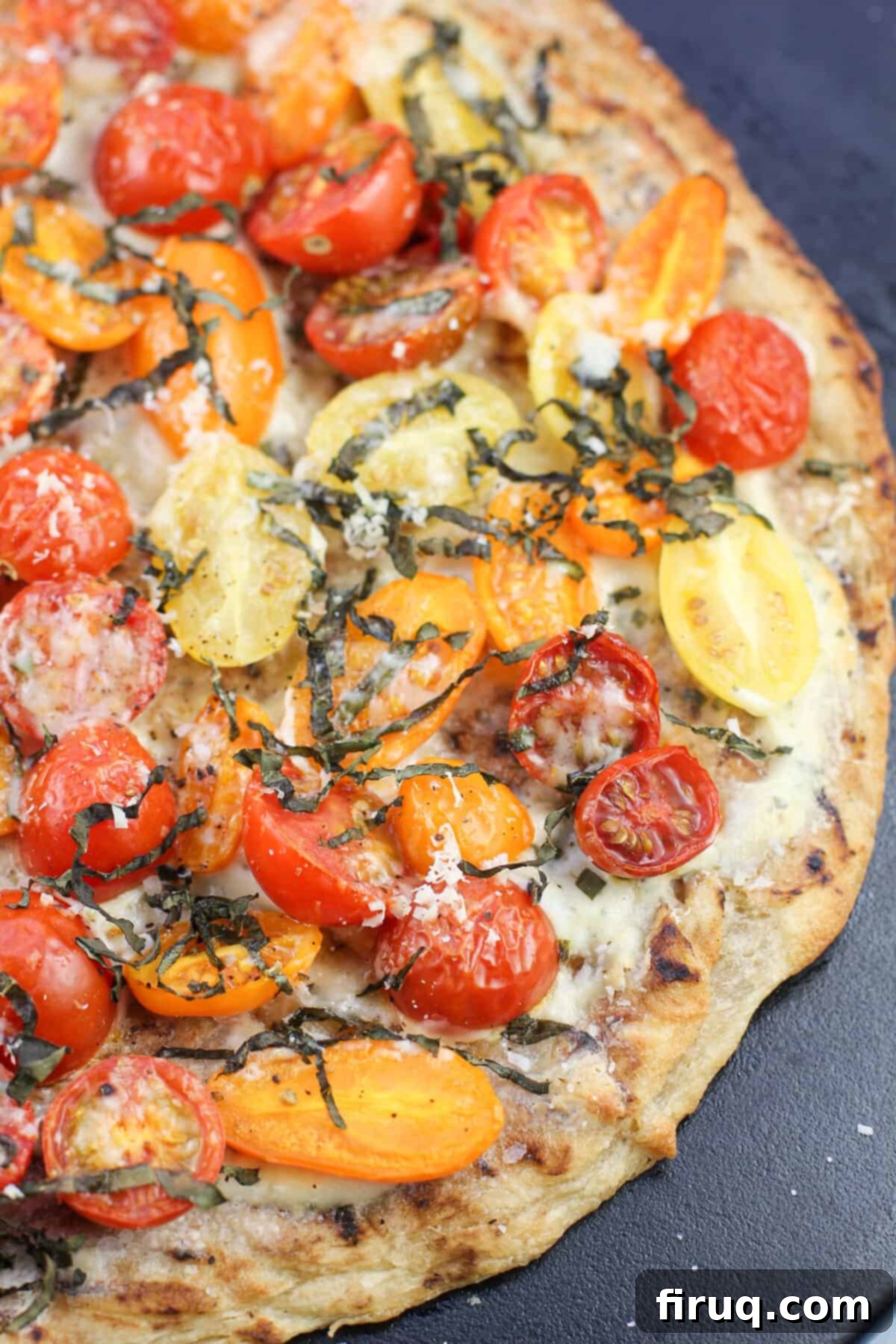Boursin Bliss: Tomato Basil Pizza 3 close view of prepared recipe pizza