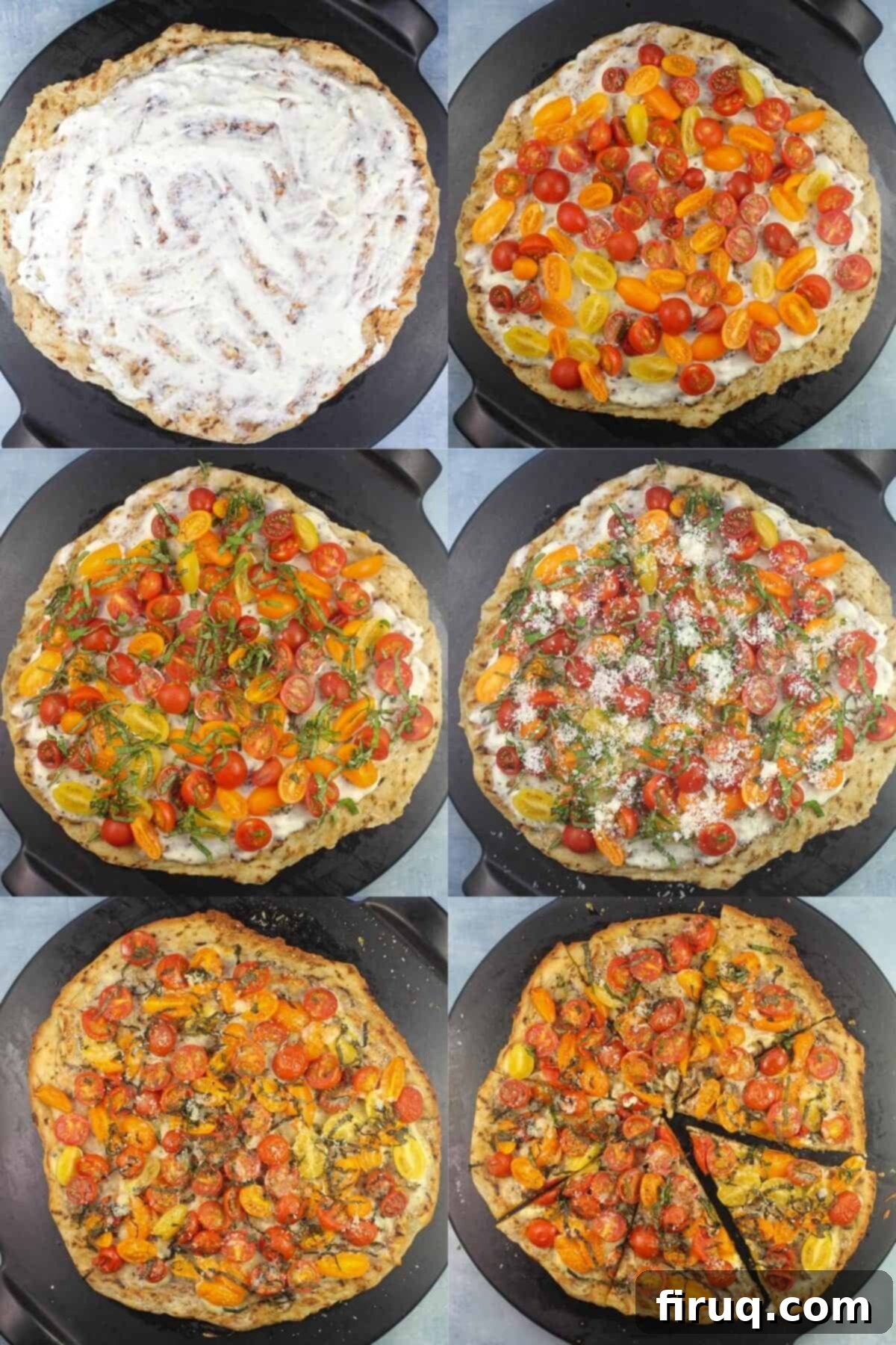 Boursin Bliss: Tomato Basil Pizza 6 collage of 6 photos showing process of adding toppings on pizza crust