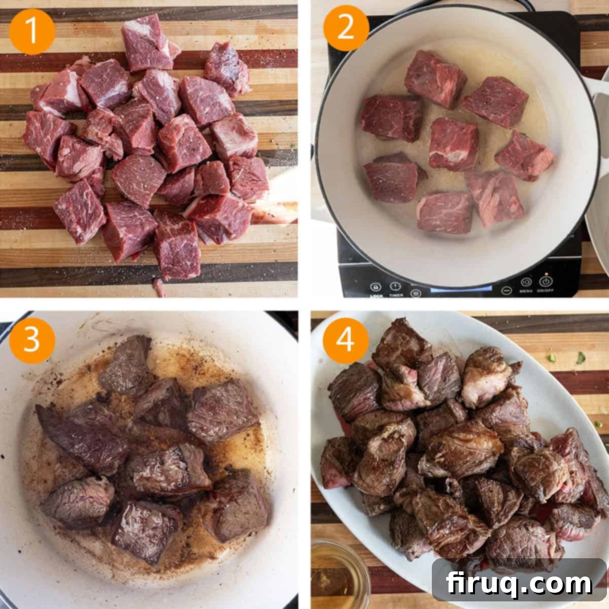 Ultimate Dutch Oven Barbacoa Tacos 4 Cutting beef into 1-2 inch pieces and searing in dutch oven.