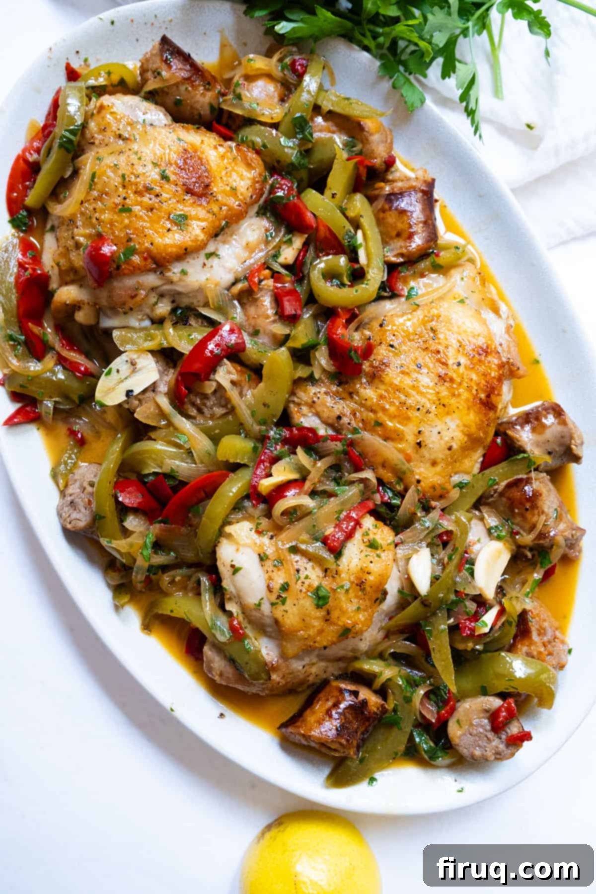 Zesty Italian Chicken Scarpariello 2 chicken scarpariello sitting on a plate with its braised juices