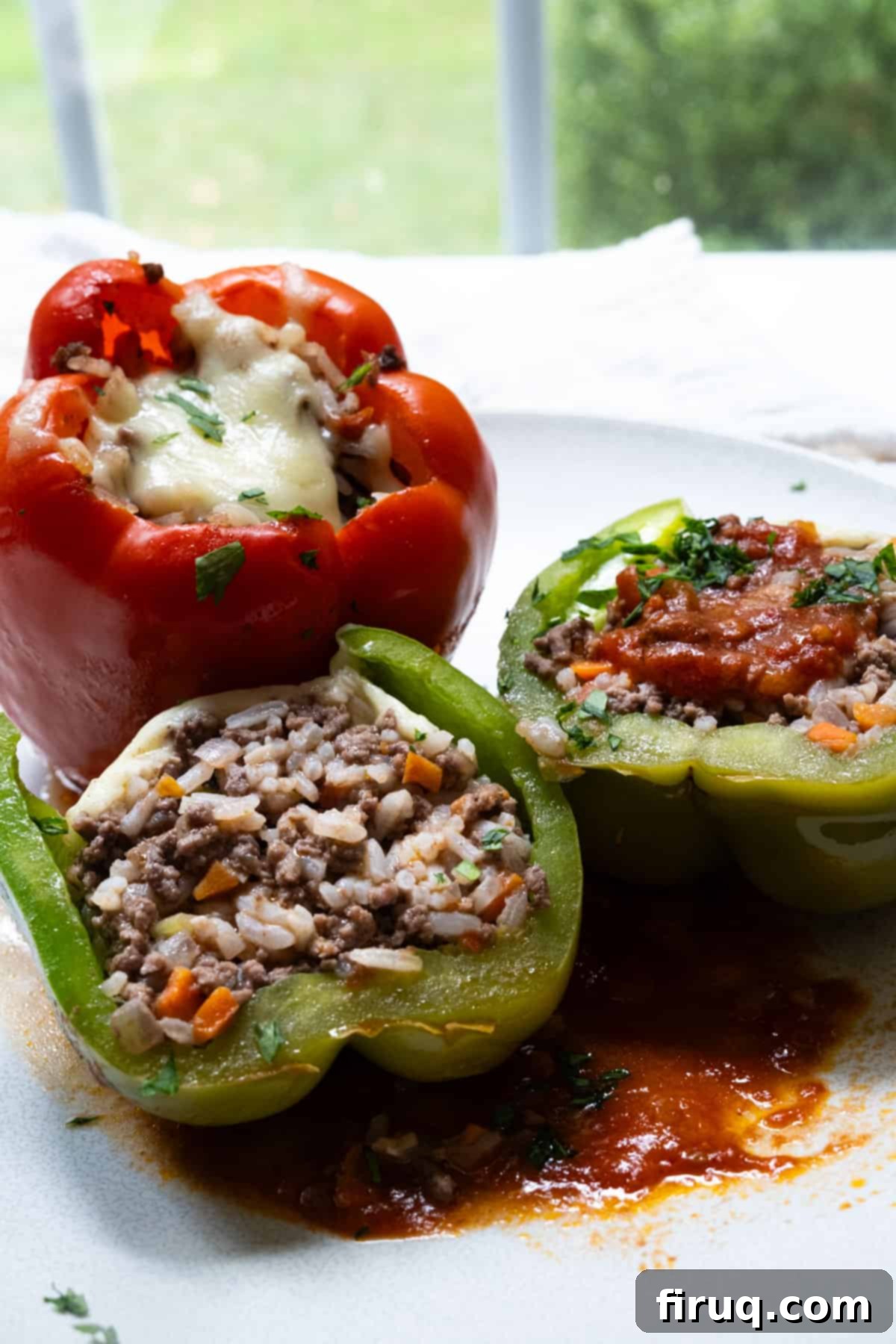 Classic Italian Stuffed Peppers in Tomato Sauce 2 Italian stuffed peppers topped with melted mozzarella and rich tomato sauce, ready to serve
