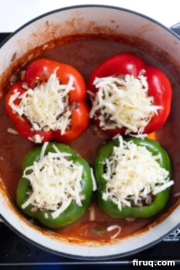 Classic Italian Stuffed Peppers in Tomato Sauce 11 Stuffed bell peppers topped with mozzarella, nestled upright in tomato sauce in a dutch oven