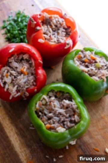 Classic Italian Stuffed Peppers in Tomato Sauce 10 Bell peppers stuffed generously with the ground beef and rice mixture