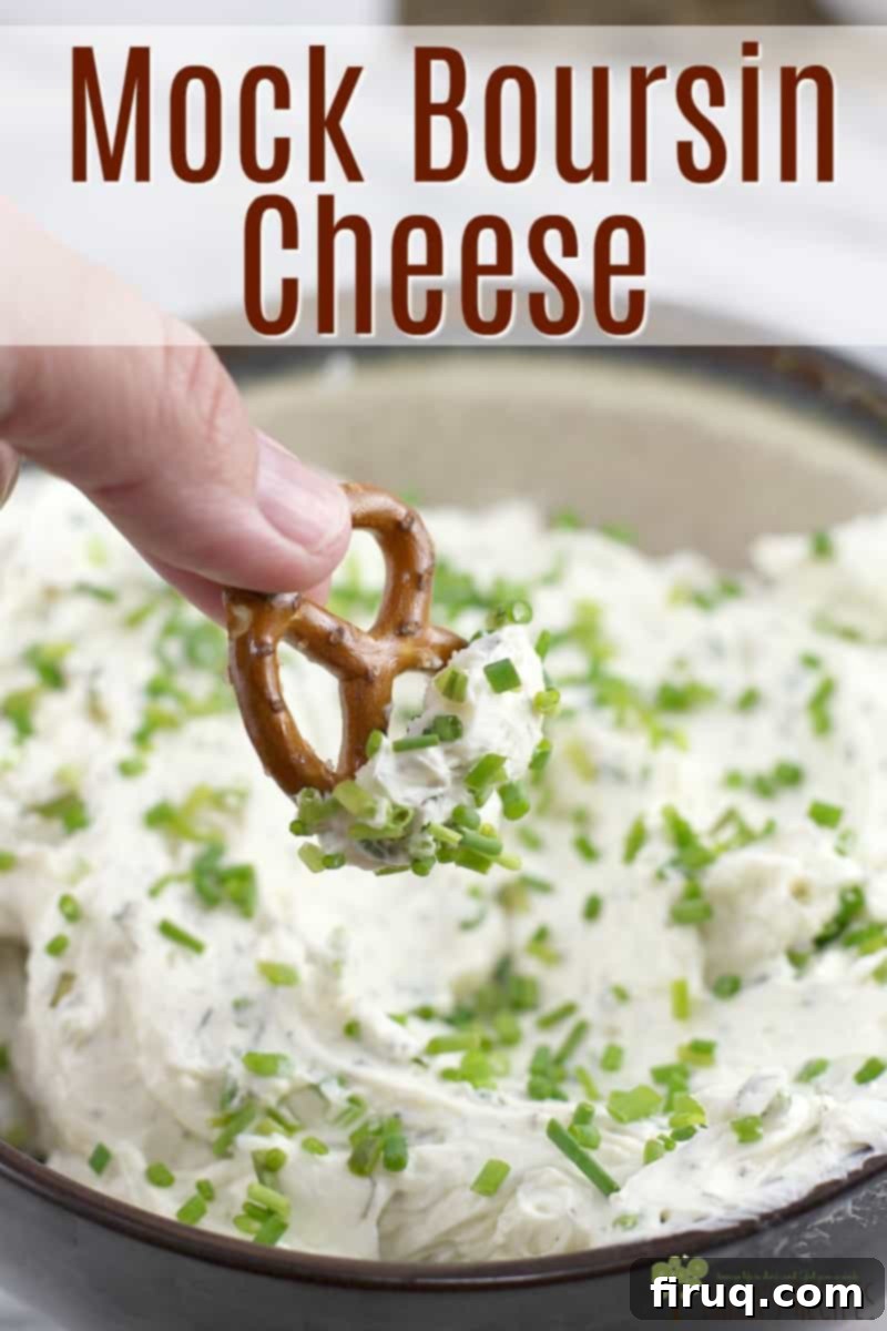 Homemade Garlic Herb Cheese 3 Pin image for Mock Boursin Cheese recipe, showing creamy texture with herbs.