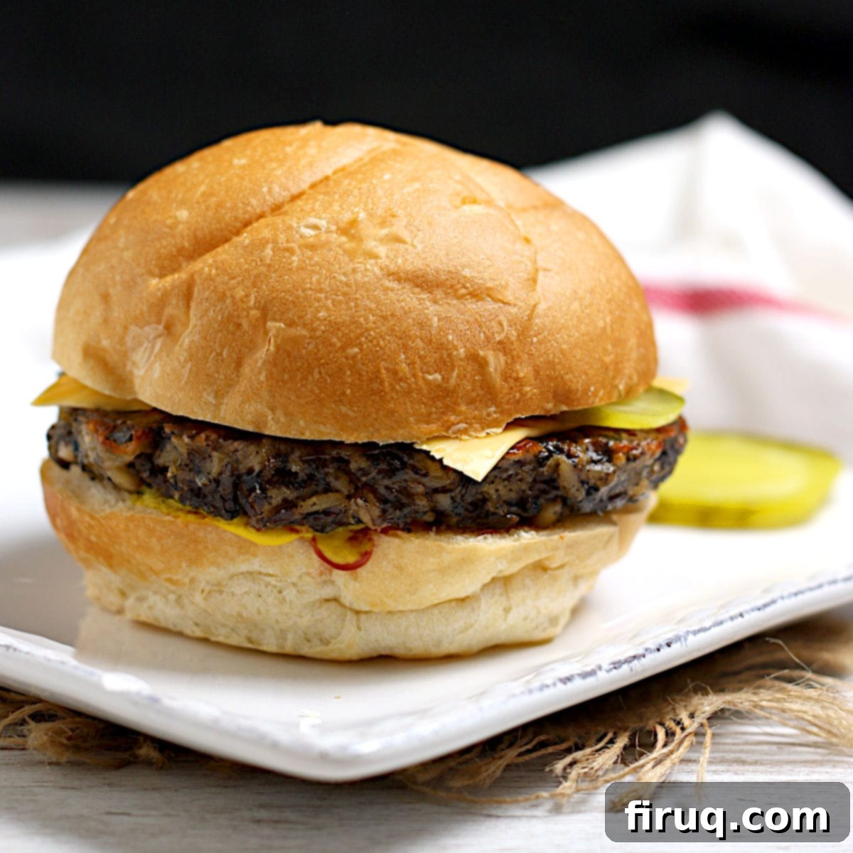 Umami Mushroom Grain Veggie Burgers 2 A Mushroom Grain Veggie Burger on a white plate.