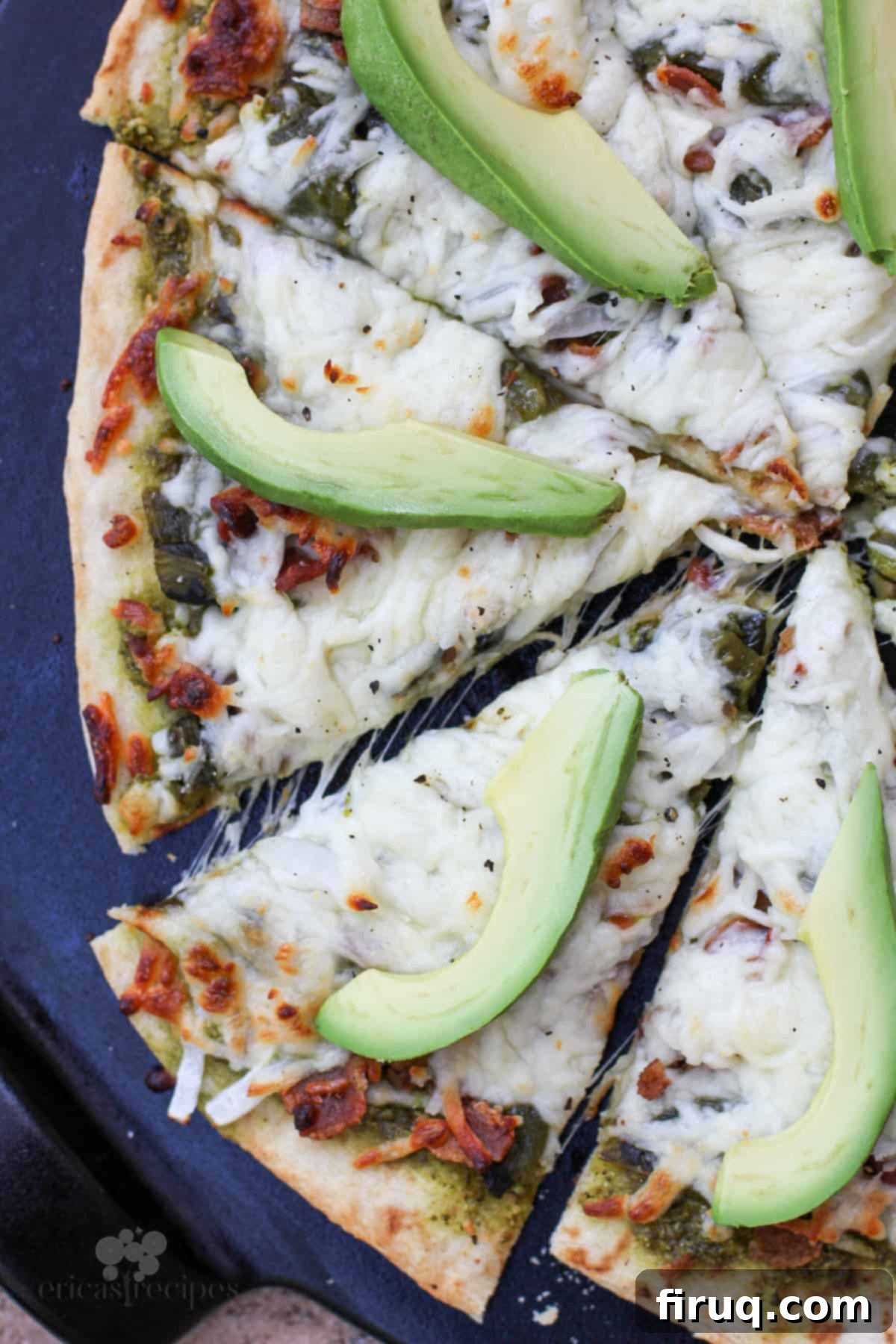 Smoky Roasted Poblano Pizza 6 freshly baked and sliced poblano pizza with avocado on top