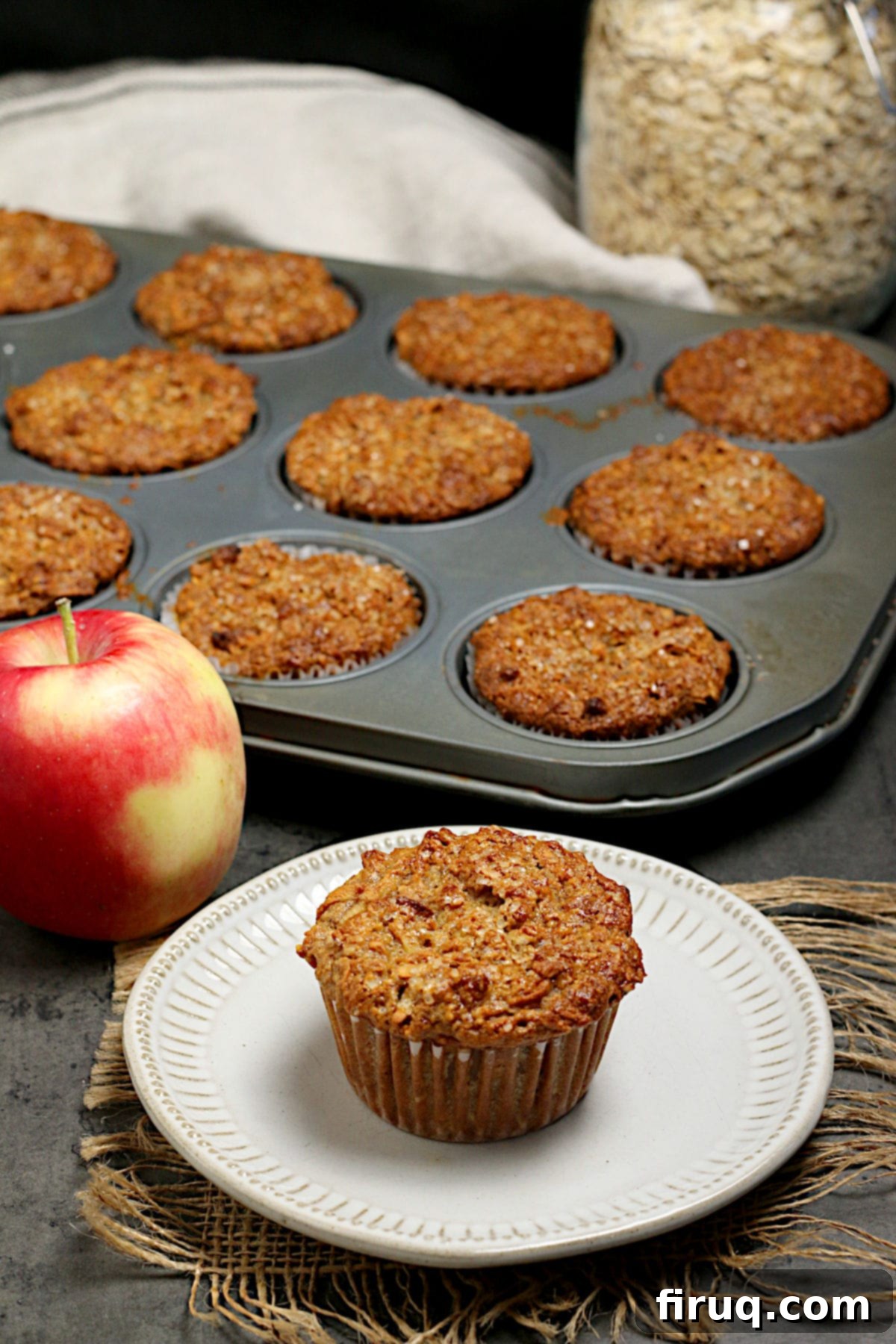 Perfect Single Apple Cinnamon Oatmeal Muffin A single Apple Cinnamon Oatmeal Muffin, perfectly baked with a golden top, sitting on a small white plate. It looks delicious and ready to be enjoyed.