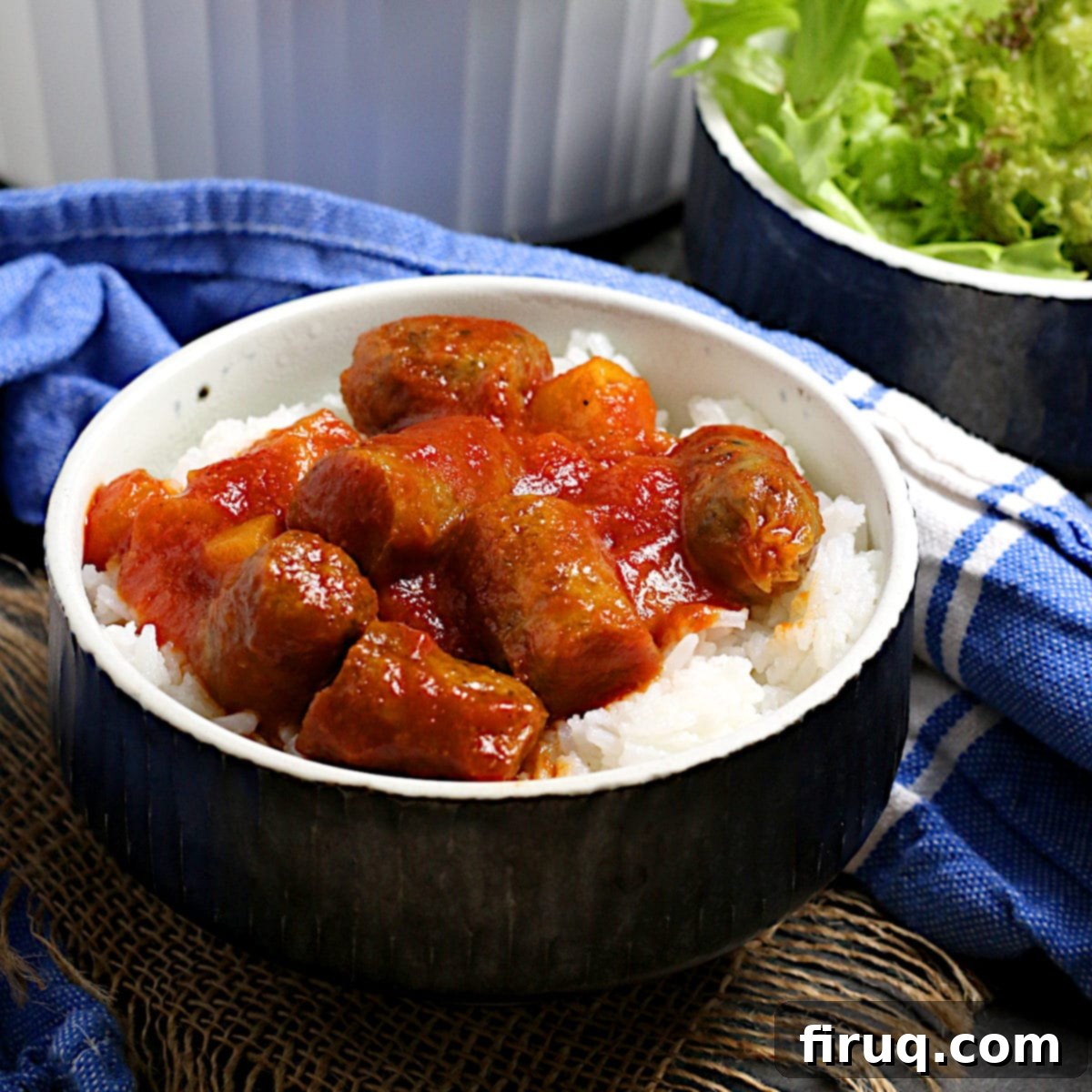 Recipe Image for Peachy Sweet and Sour Sausages Peachy Sweet and Sour Sausages over white rice in a black bowl.