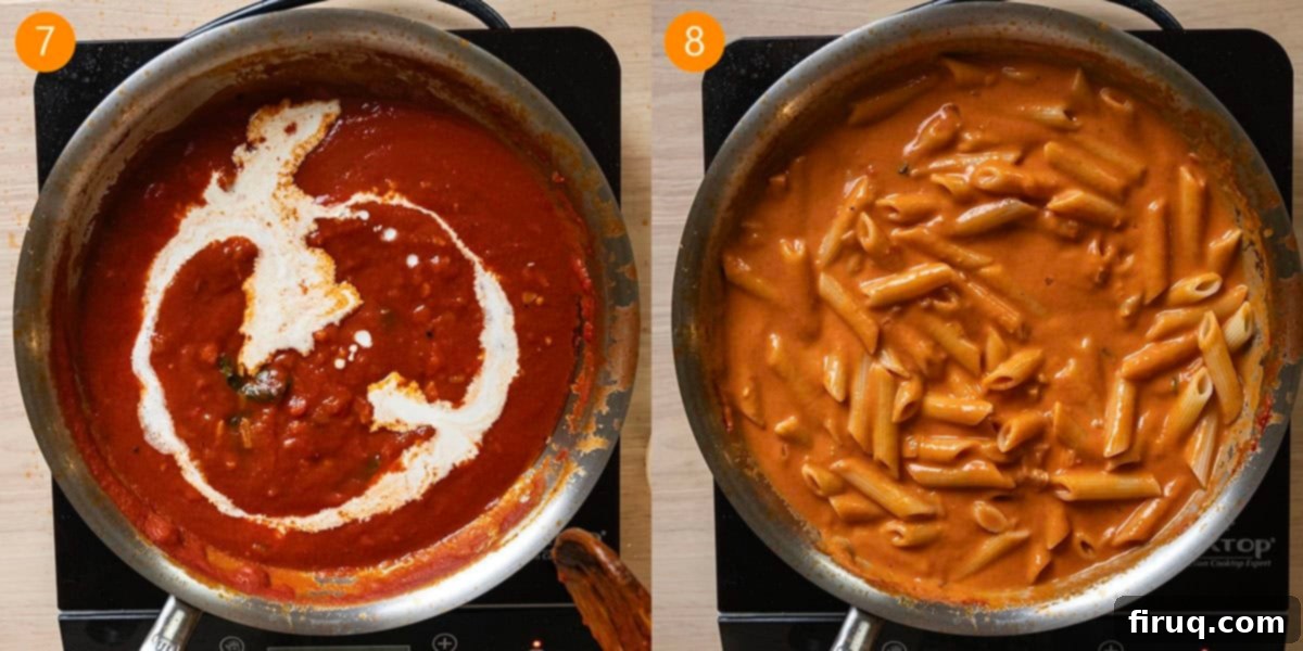 Fiery Vodka Sauce 7 Freshly cooked penne pasta being added to the rich, simmering spicy vodka sauce, followed by a pour of heavy cream.
