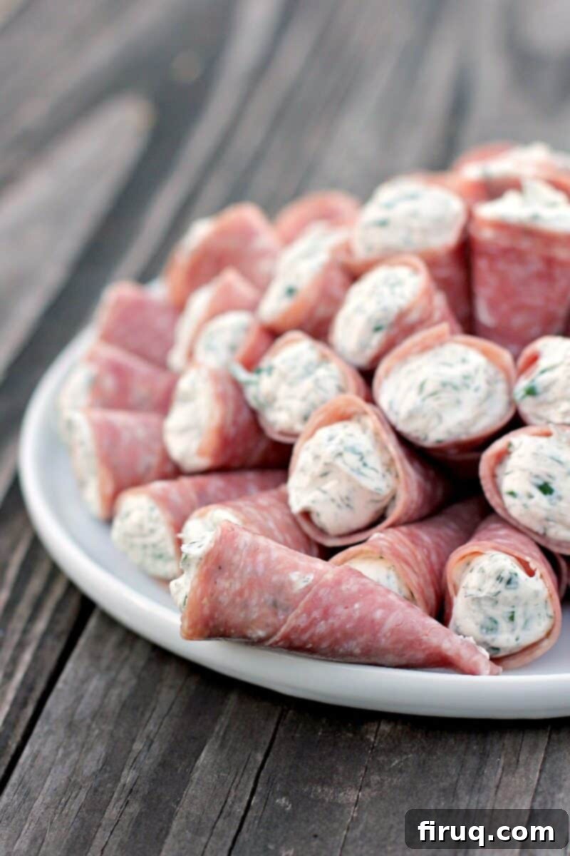 Creamy Cornucopia Salami Rolls 3 close view of one salami appetizer