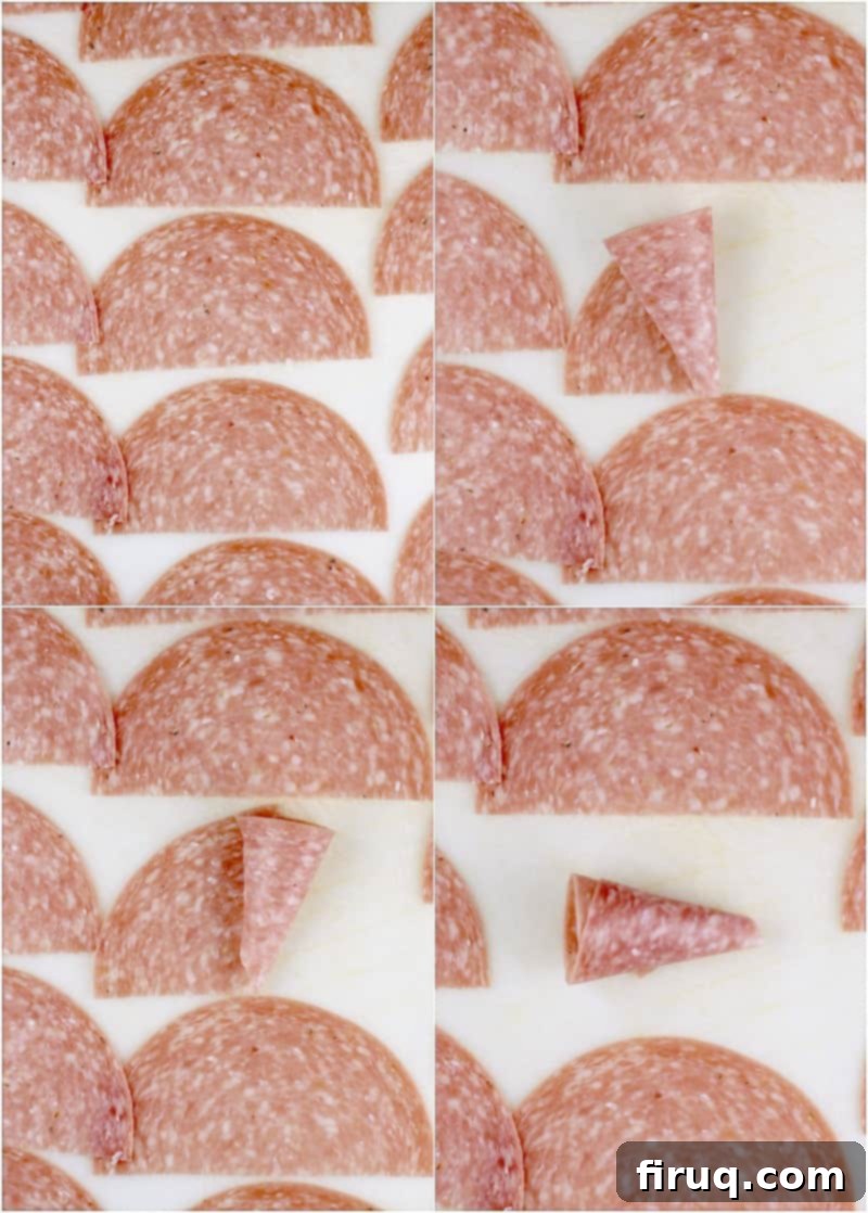 Creamy Cornucopia Salami Rolls 4 collage of salami on a white background to show the steps to roll the shape into cornucopia