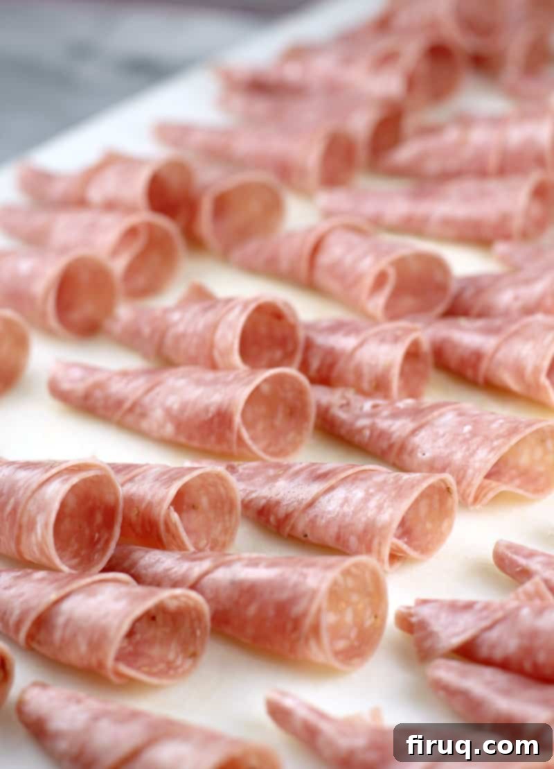 Creamy Cornucopia Salami Rolls 5 assembled, empty salami cornucopia