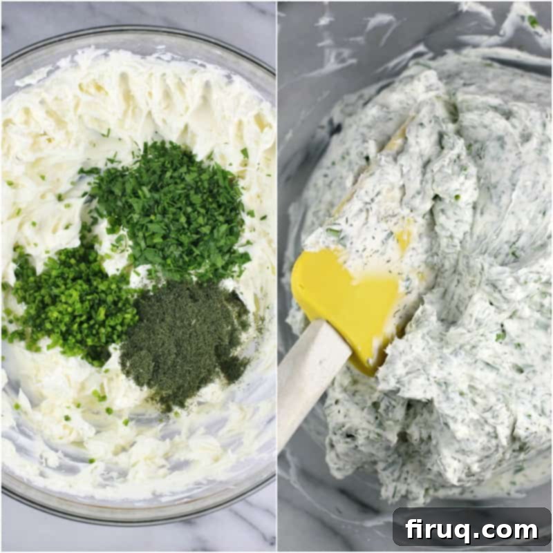 Creamy Cornucopia Salami Rolls 7 collage of 2 photos: herbs added to cream cheese; mixed filling