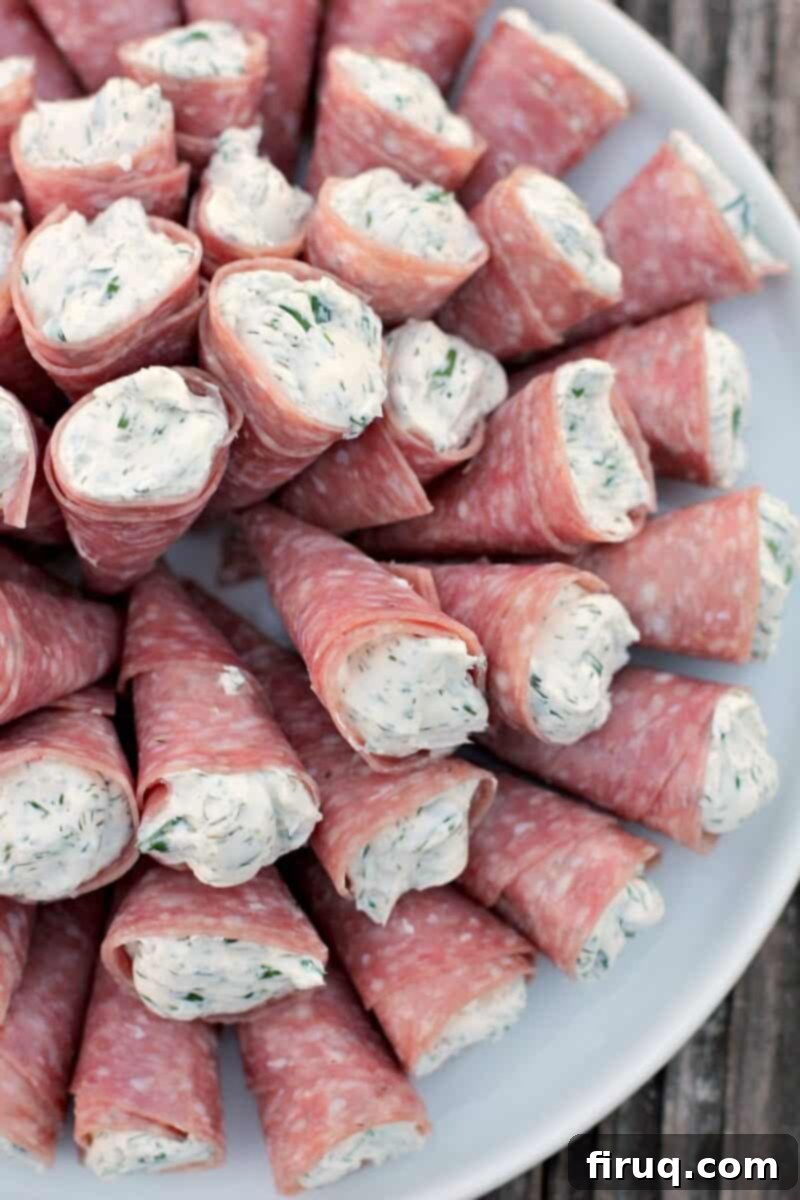 Creamy Cornucopia Salami Rolls 9 top down close view of cream cheese rollups