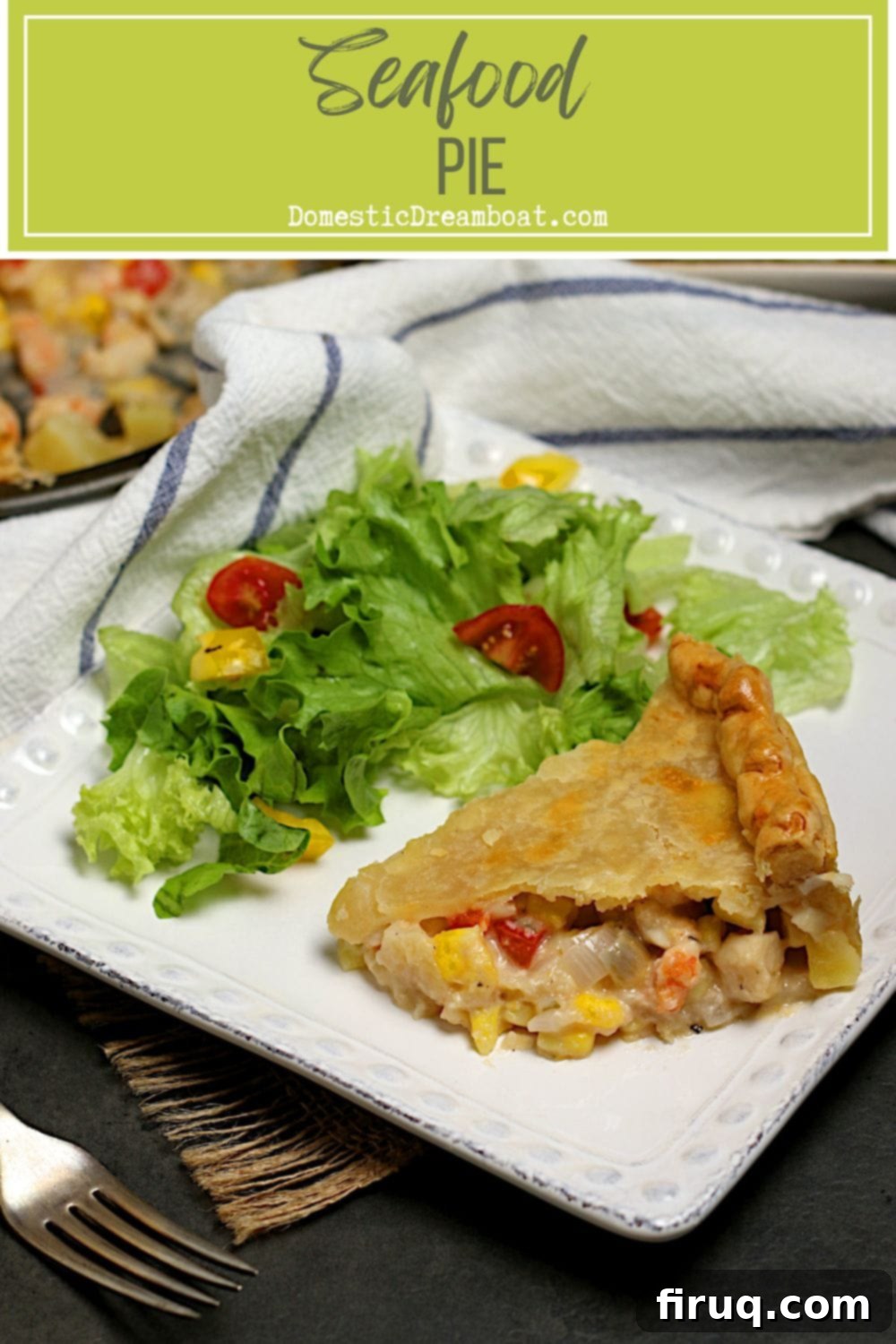 Seafood Pie Ready to Eat Beautifully plated seafood pie, showcasing its golden-brown crust and inviting filling.