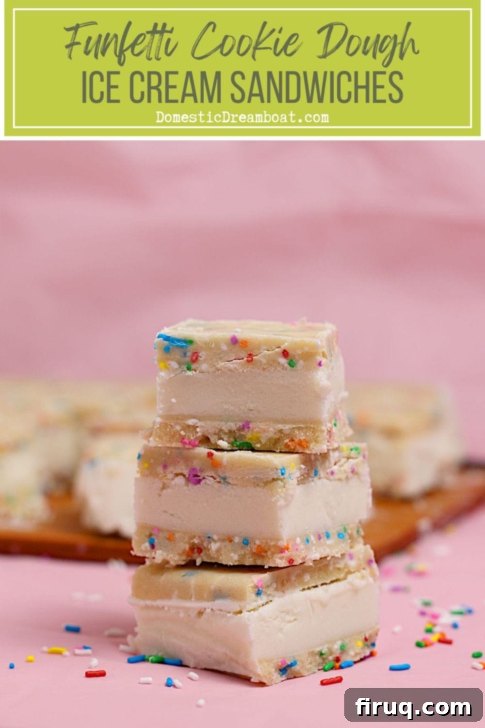 Funfetti Cookie Dough Ice Cream Sandwich Closeup Close-up of a funfetti cookie dough ice cream sandwich, showing the texture and sprinkles.