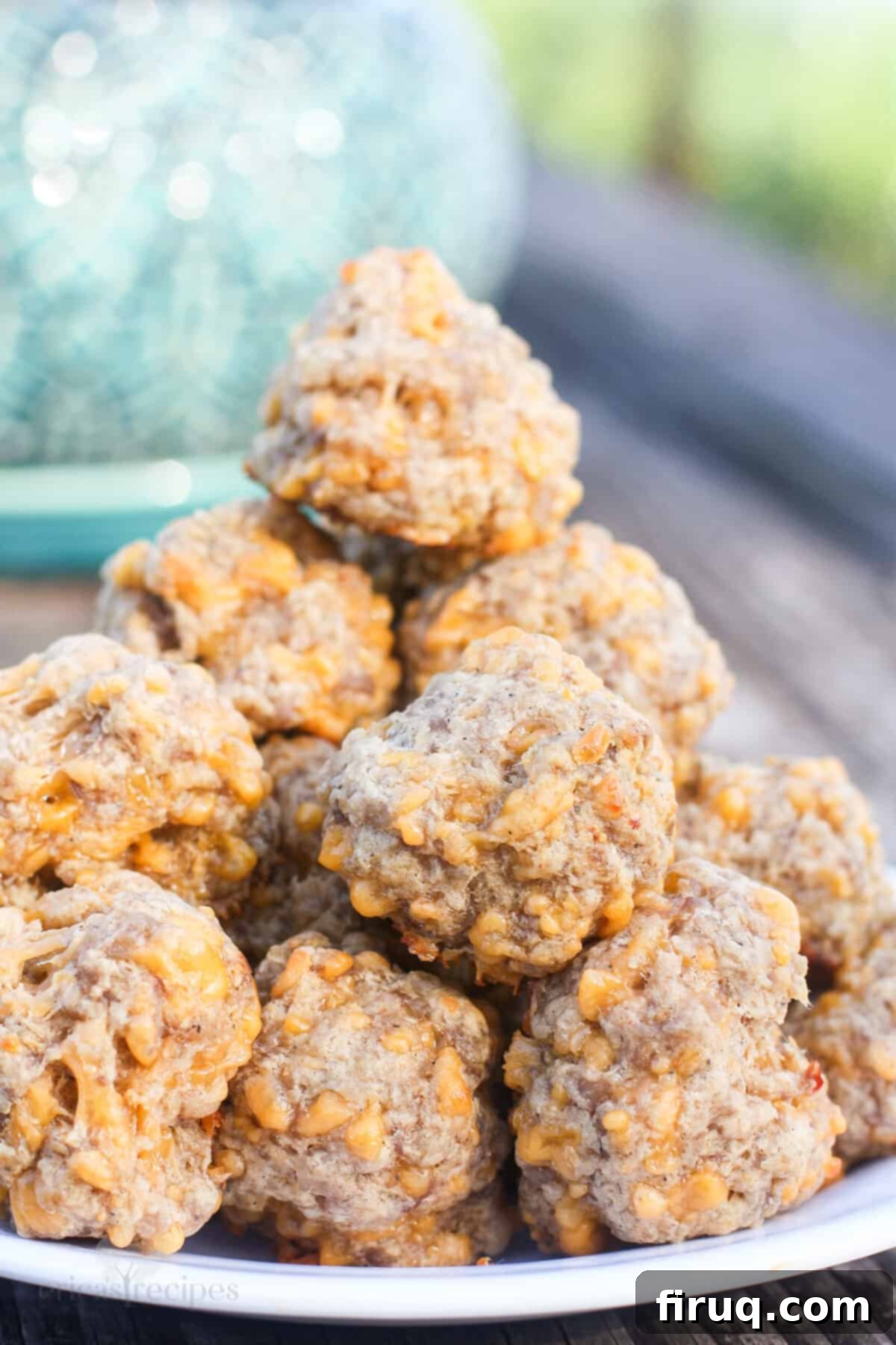 Quick 3 Ingredient Bisquick Sausage Balls 2 Classic Bisquick sausage balls stacked on a white plate ready to be served outdoors
