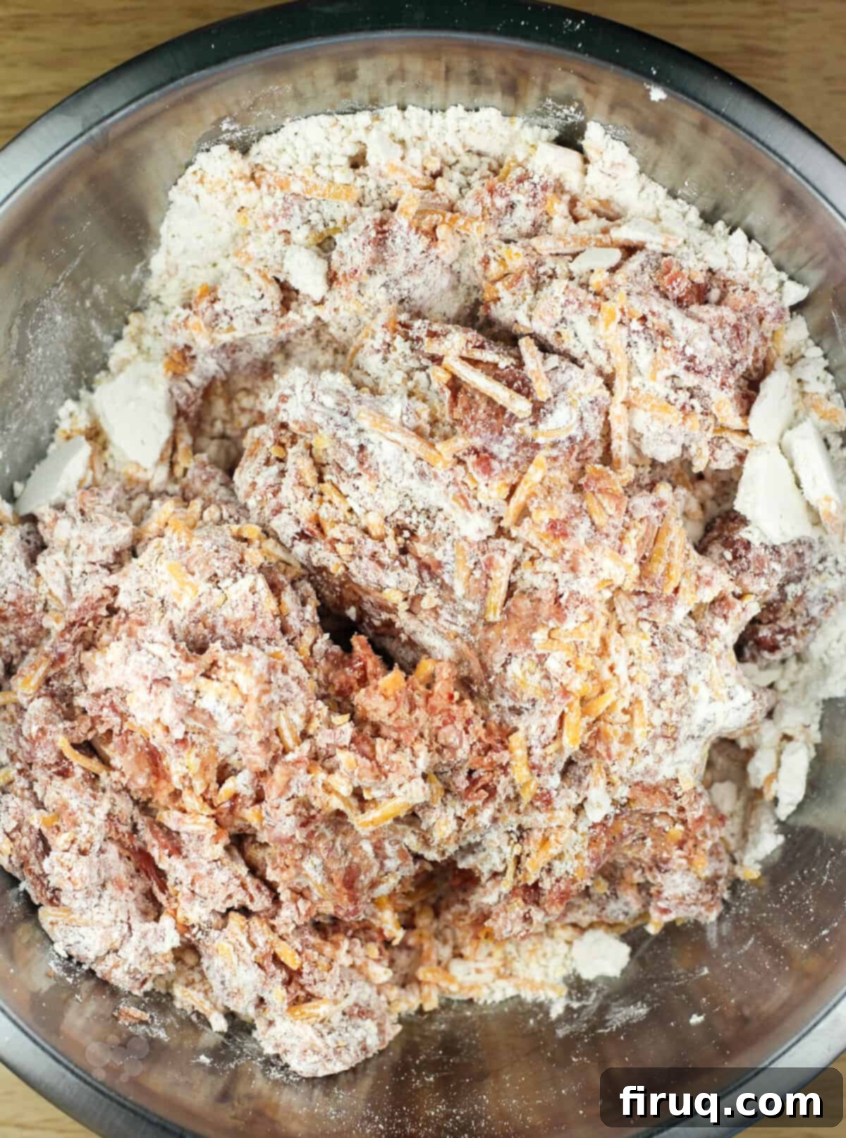 Quick 3 Ingredient Bisquick Sausage Balls 4 All three key ingredients for sausage balls - bulk sausage, shredded cheddar, and Bisquick - in a metal mixing bowl