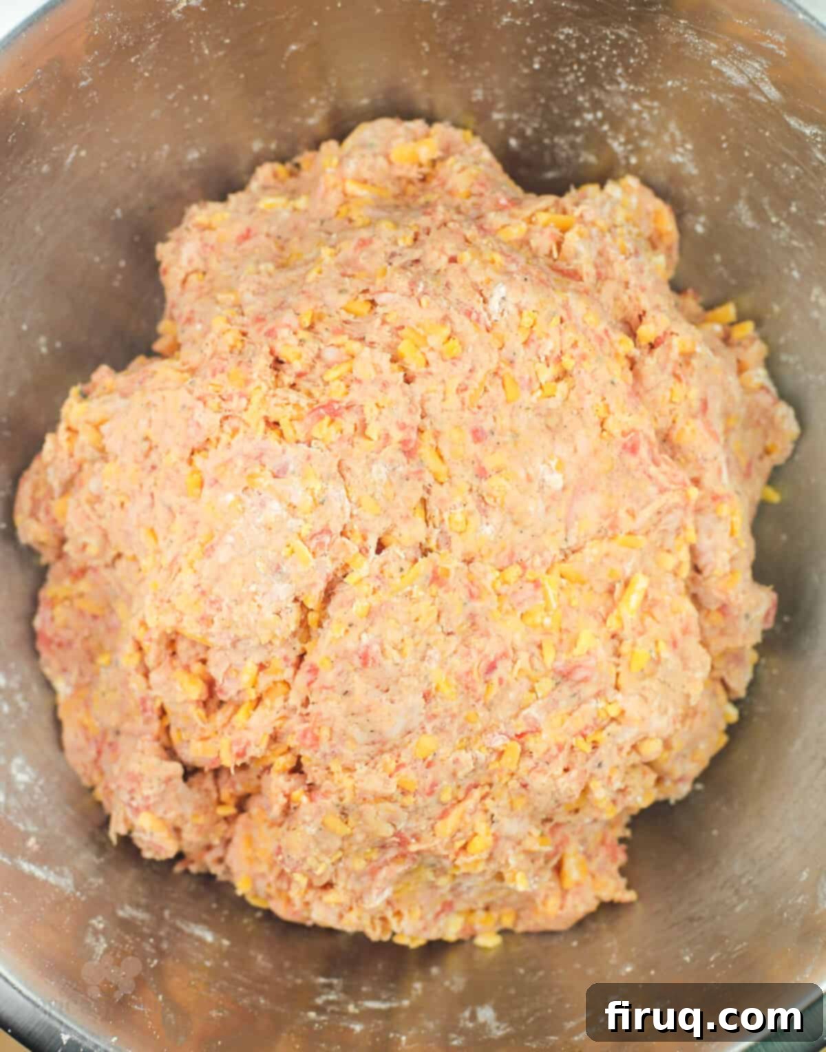 Quick 3 Ingredient Bisquick Sausage Balls 5 Prepared sausage ball dough in a metal mixing bowl, ready for shaping