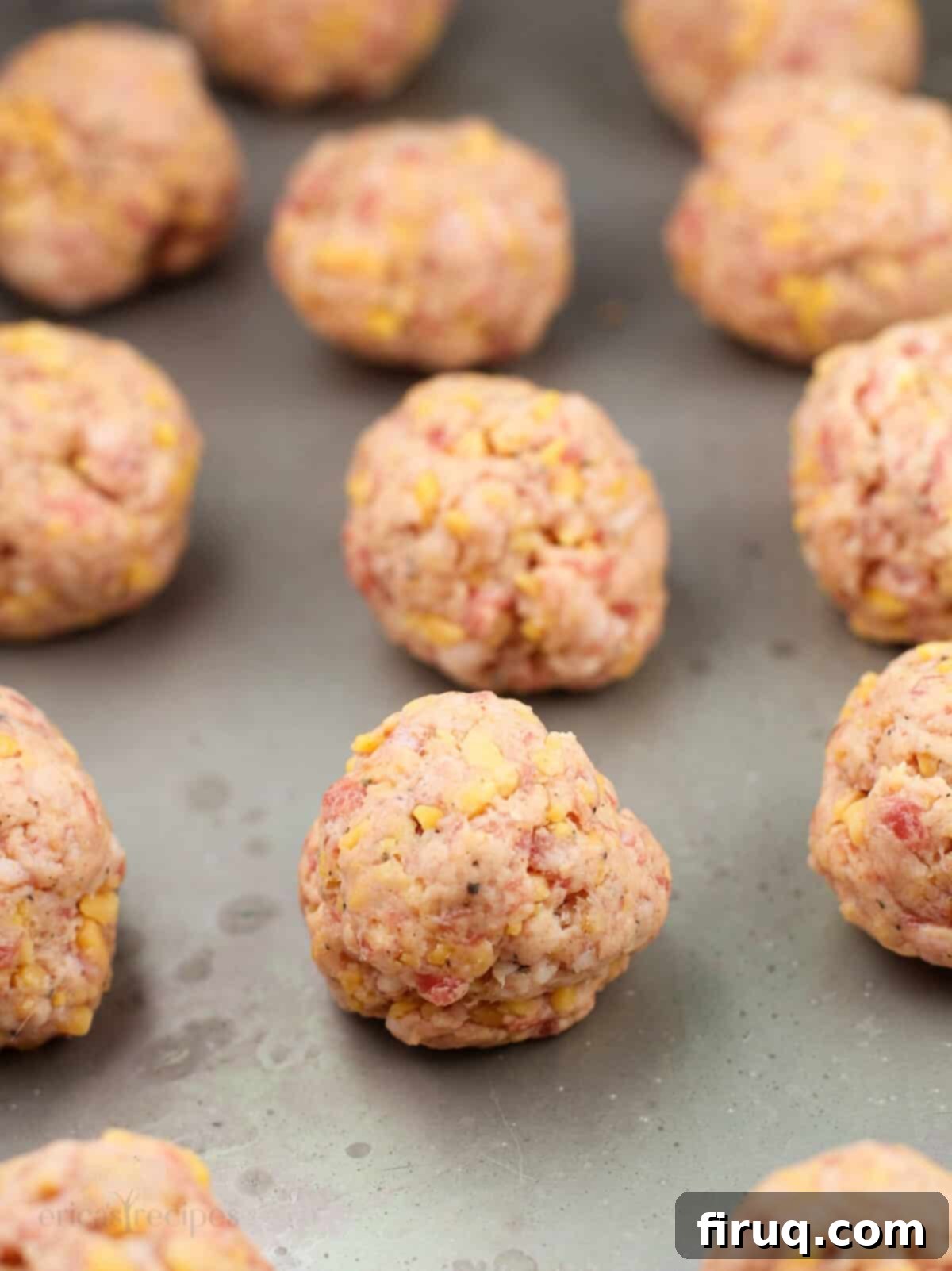 Quick 3 Ingredient Bisquick Sausage Balls 6 Uncooked Bisquick sausage balls neatly arranged on a rimmed baking sheet